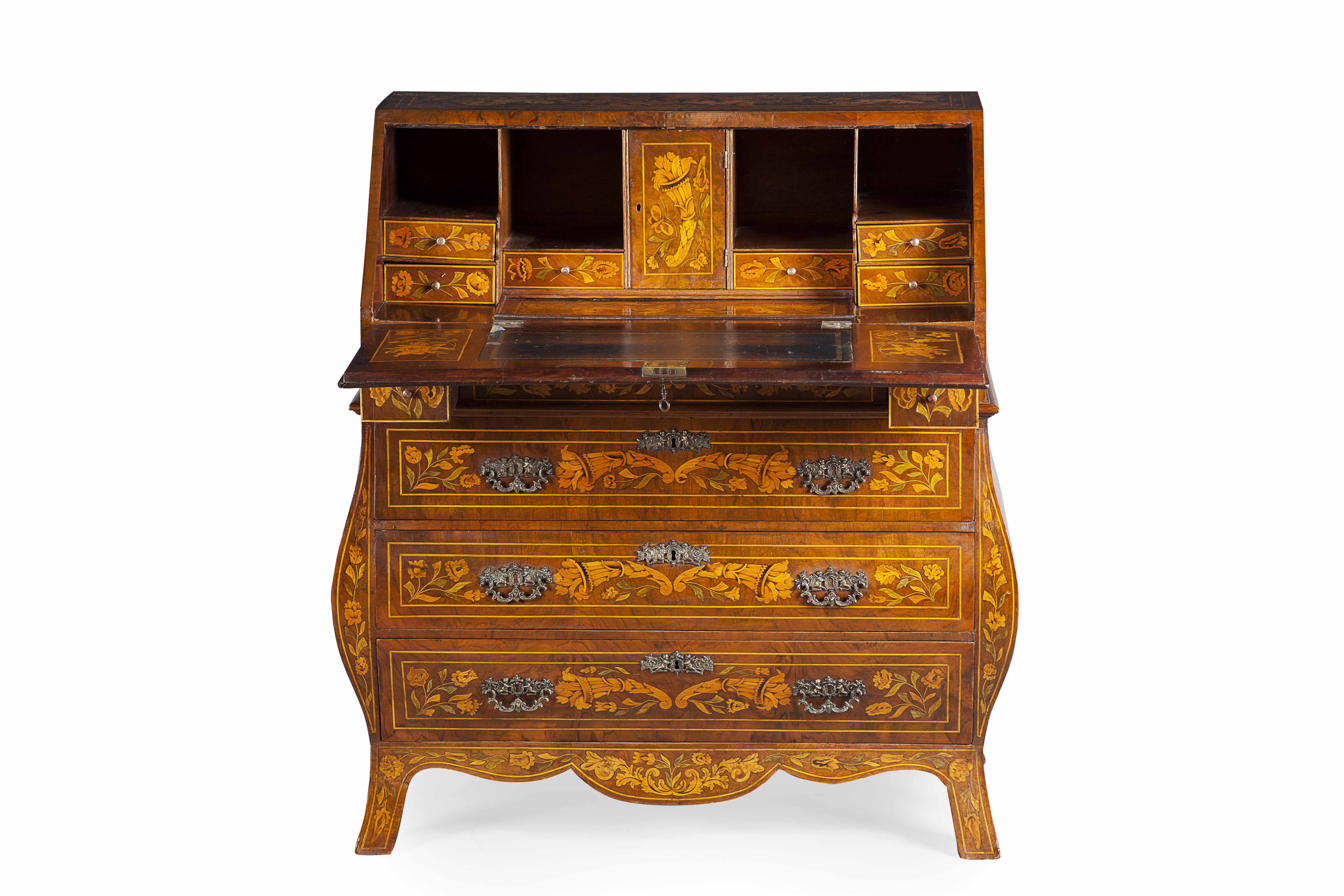 DUTCH WALNUT AND MARQUETRY BOMBE BUREAU