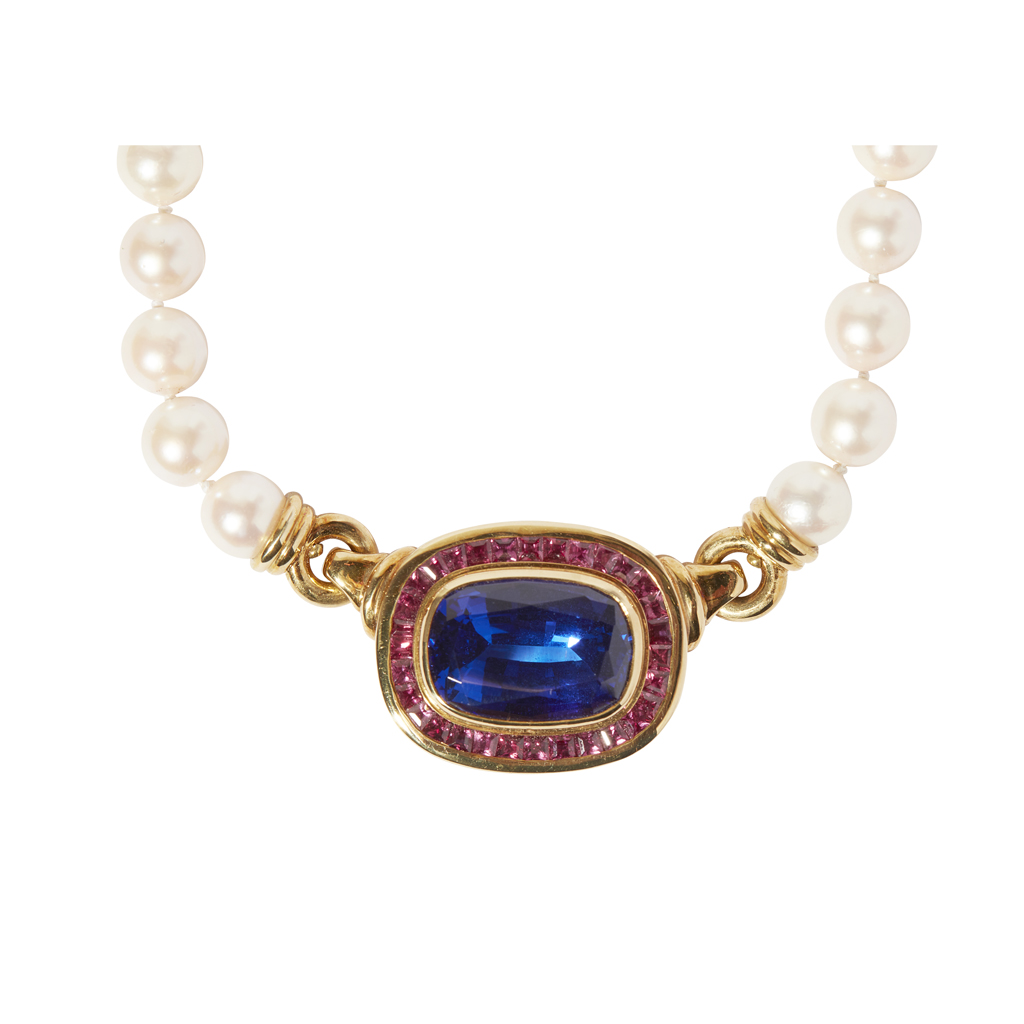 A Tanzanite, ruby and pearl set necklace