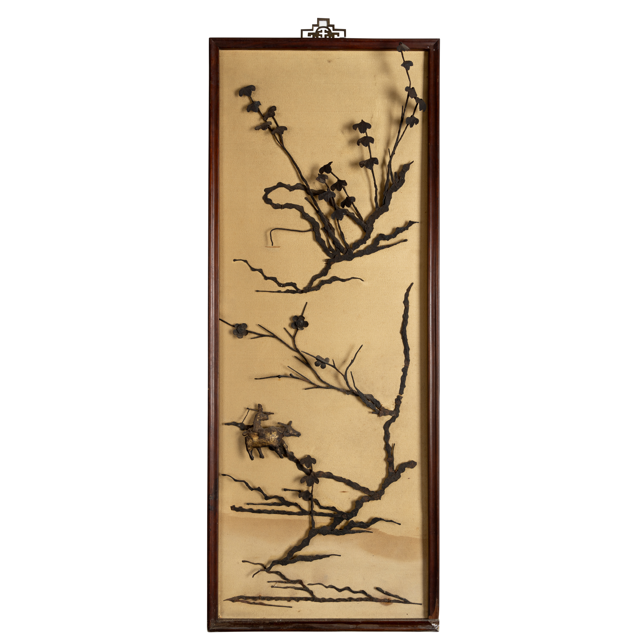 CHINESE IRON 'PRUNUS AND WATER BUFFALO WITH HERDBOY' PAINTING