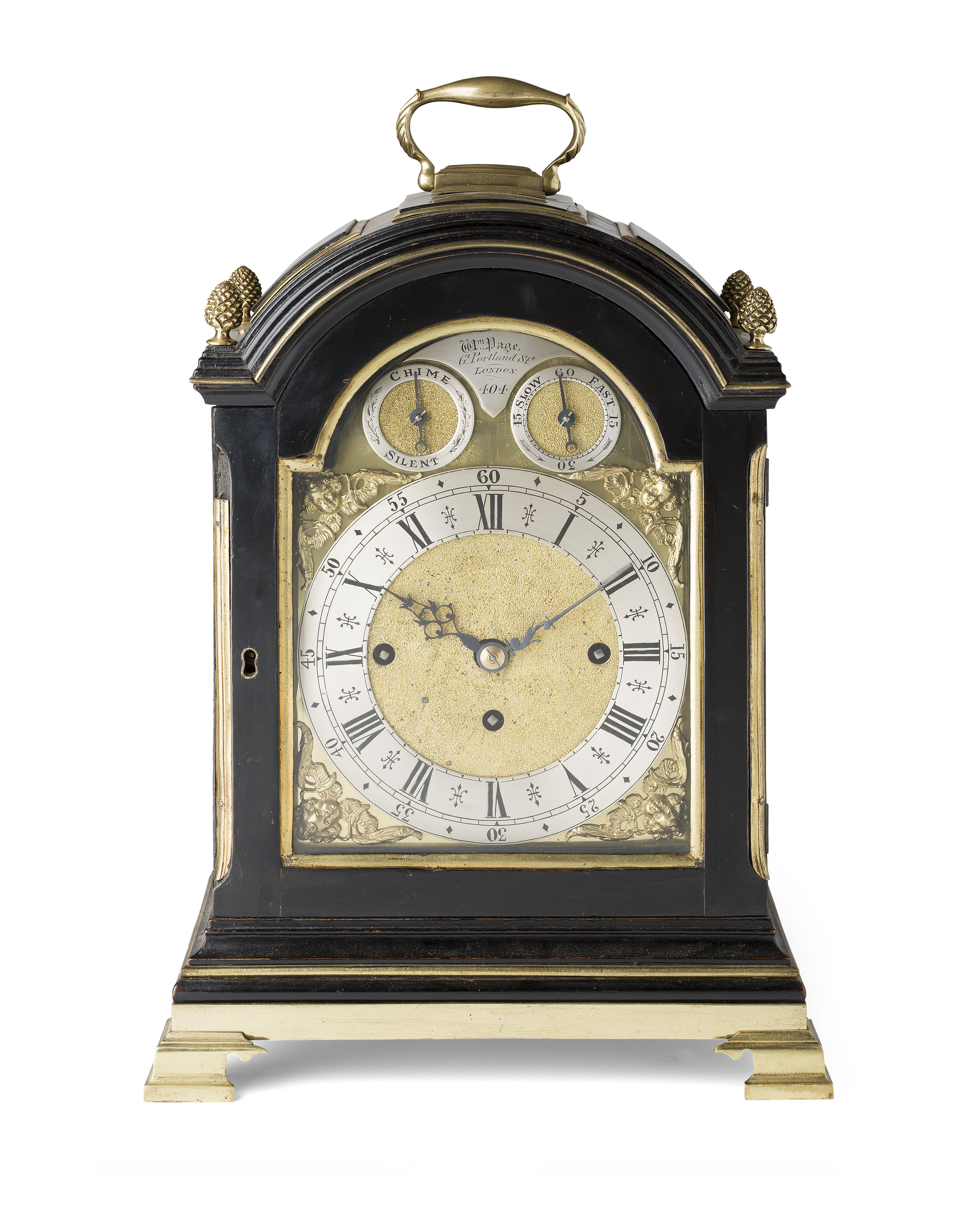 ENGLISH EBONISED AND BRASS MOUNTED CHIMING BRACKET CLOCK BY WILLIAM PAGE, LONDON
