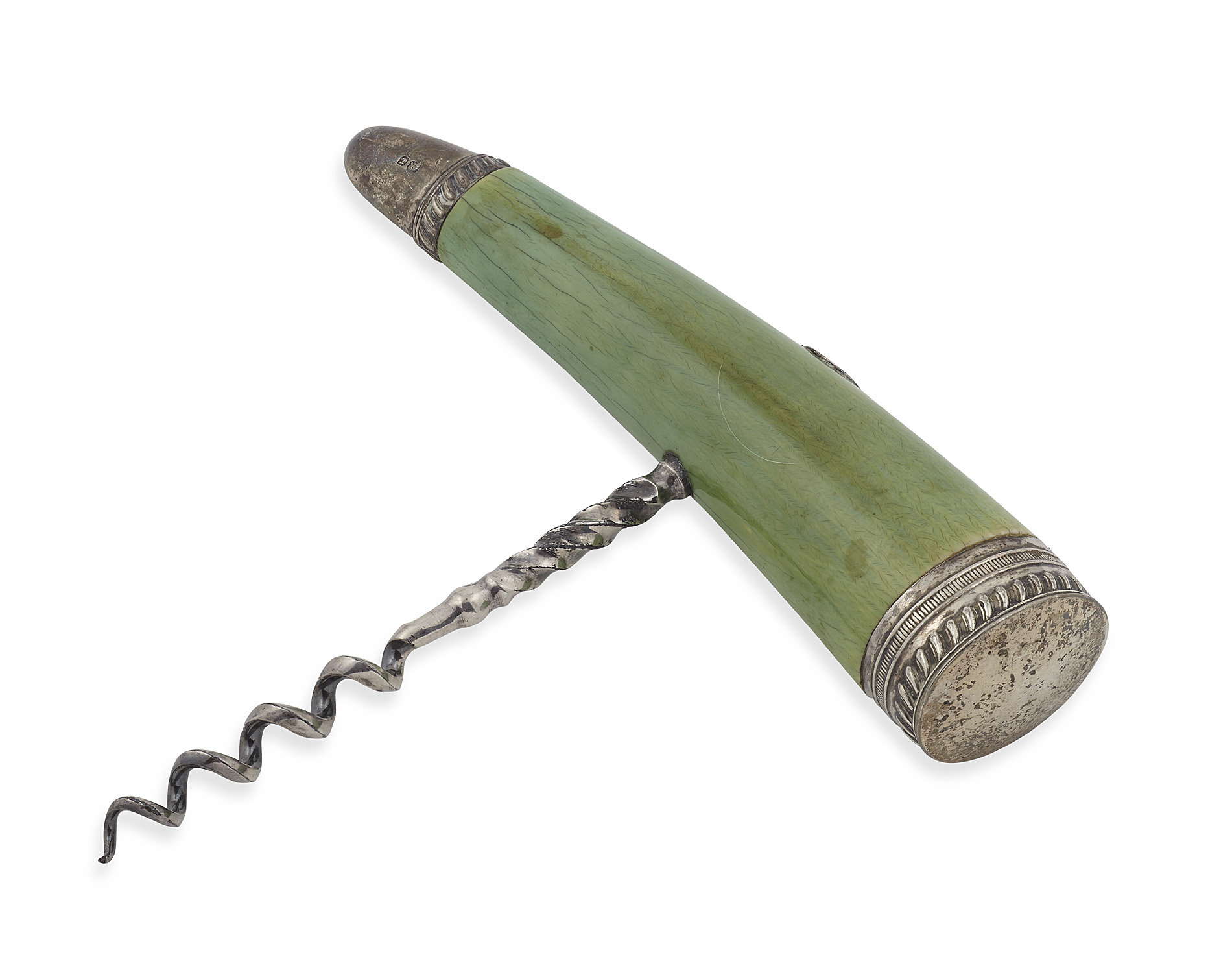 An Edwardian green stained ivory corkscrew