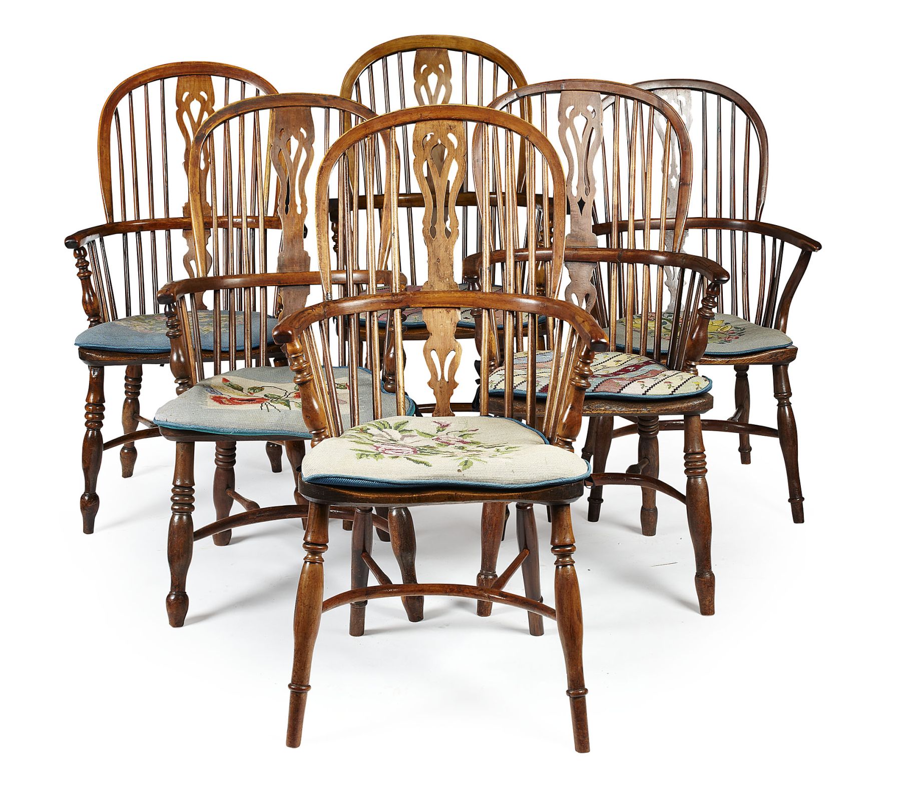 ASSEMBLED SET OF SIX YEW WOOD AND ELM WINDSOR ARMCHAIRS