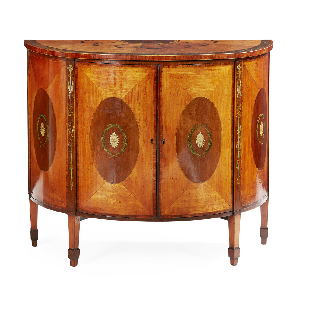 LATE GEORGE III SATINWOOD, HAREWOOD, MAHOGANY, AMBOYNA, POLYCHROME DEMILUNE COMMODE