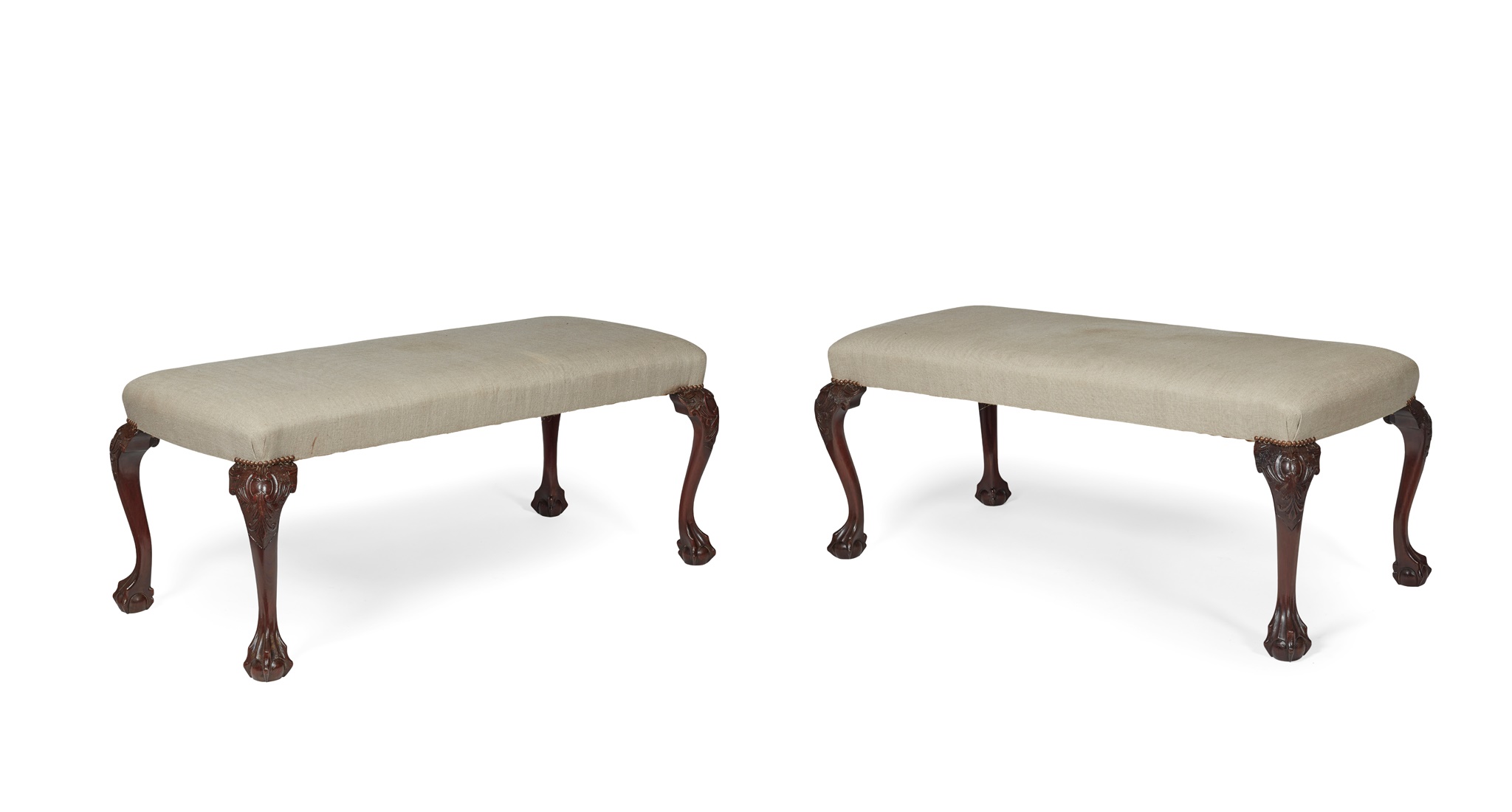 PAIR OF IRISH GEORGE II STYLE MAHOGANY LONG BENCHES