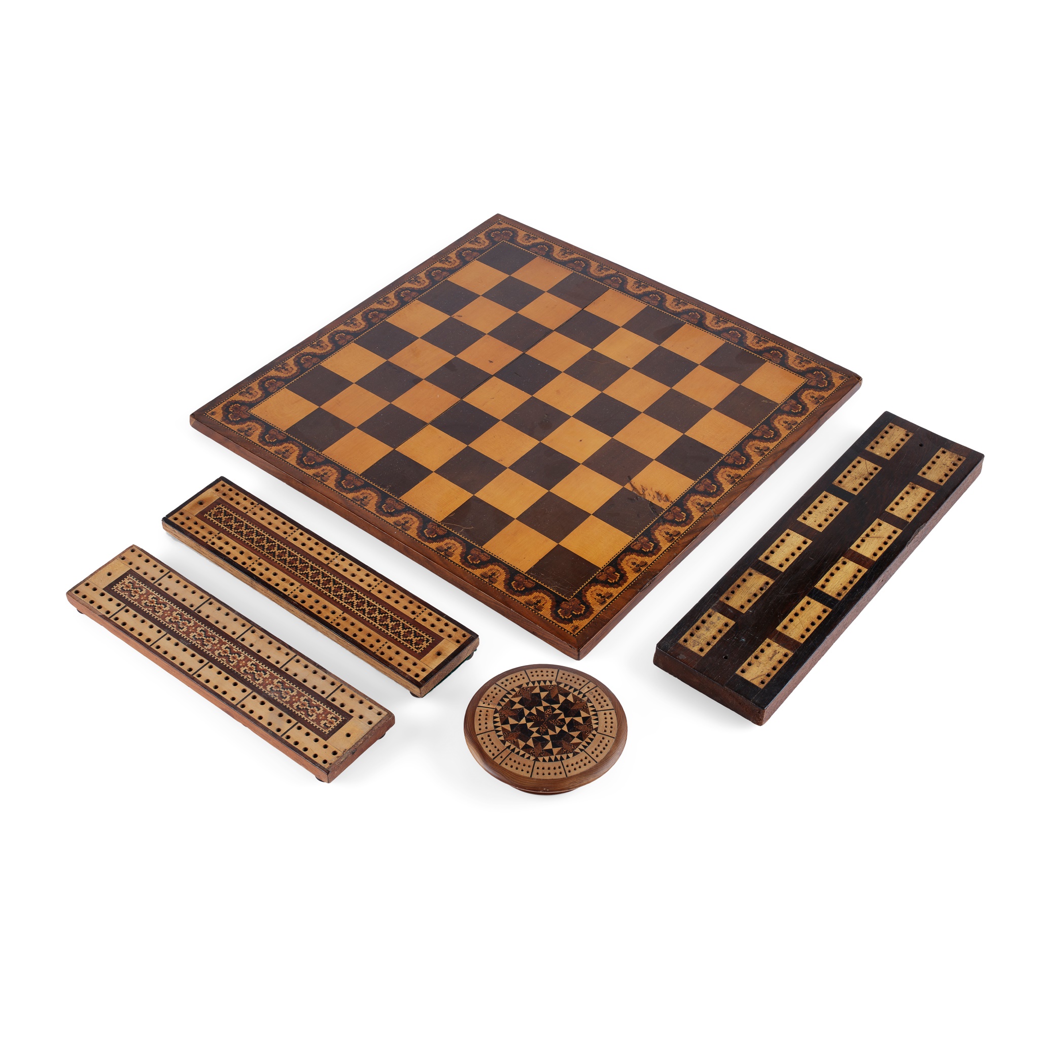 GROUP OF FIVE TUNBRIDGE WARE GAME BOARDS