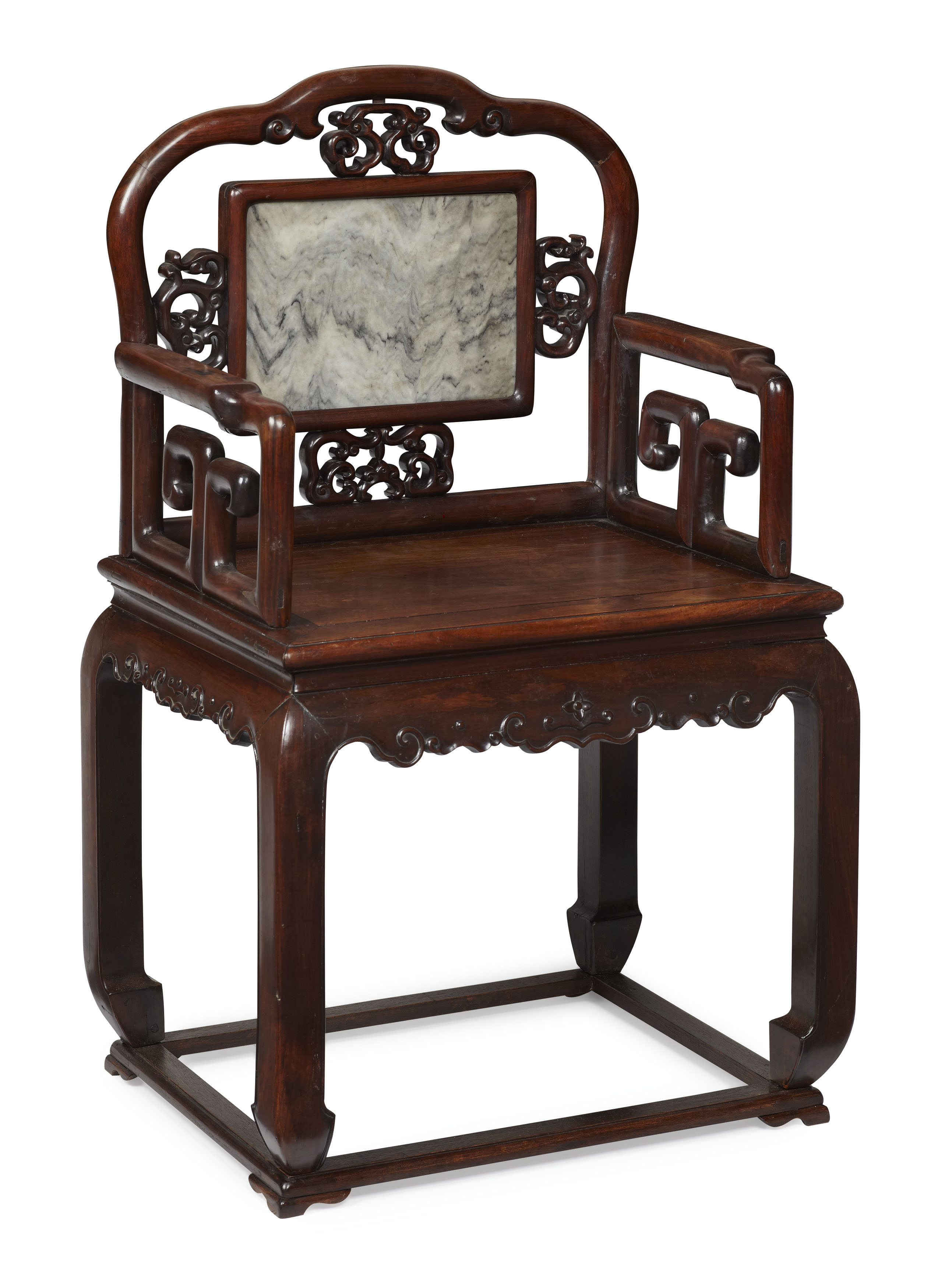 CHINESE HUANGHUALI AND MARBLE INSET MASTER'S ARMCHAIR