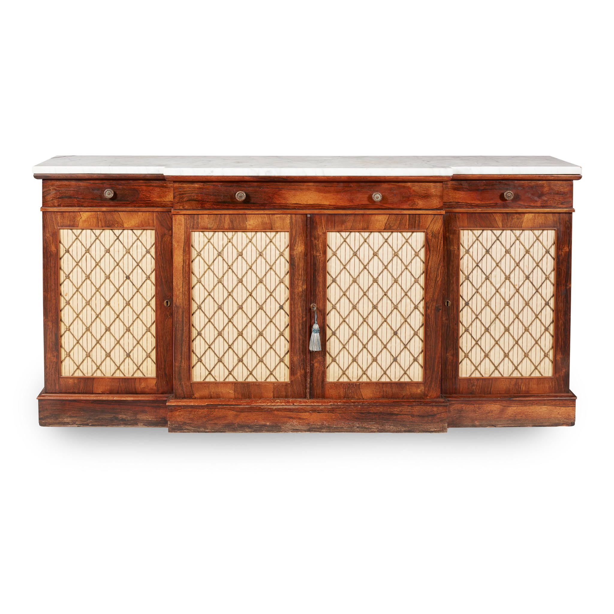 REGENCY ROSEWOOD MARBLE TOPPED BREAKFRONT SIDE CABINET