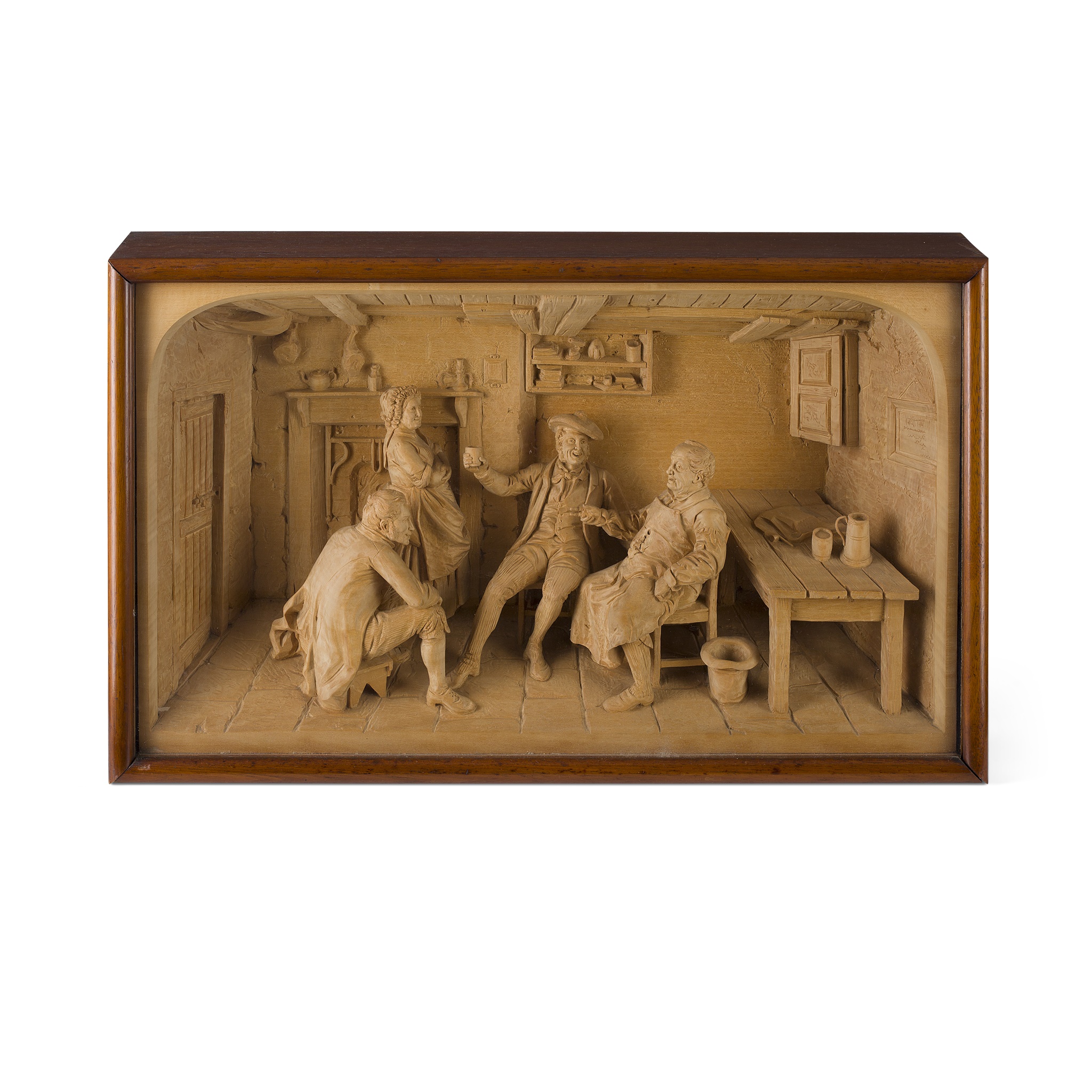 SCOTTISH CARVED LIMEWOOD TABLEAU 'BOUSING AT THE NAPPIE' FROM TAM O'SHANTER, WORKSHOP OF THOMAS HALL TWEEDY