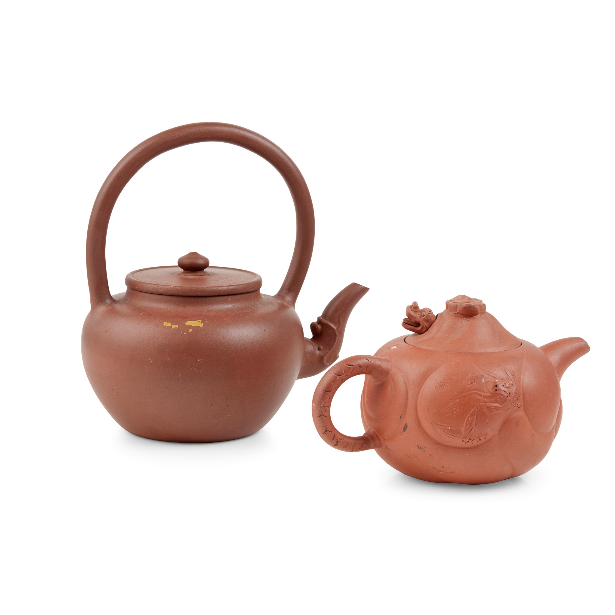 GROUP OF TWO YIXING STONEWARE TEAPOTS