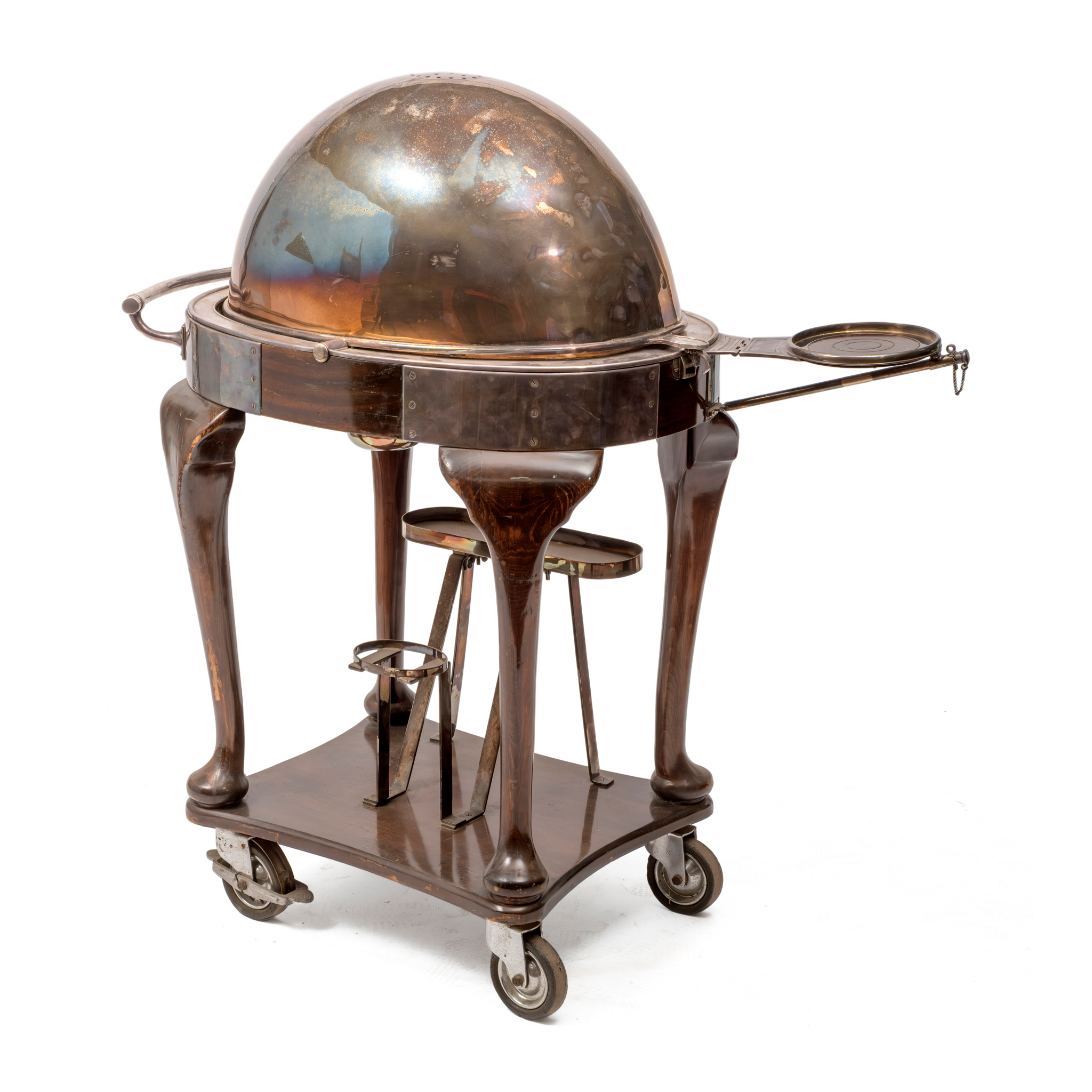 A MAHOGANY, OAK AND SILVER PLATED MEAT TROLLEY