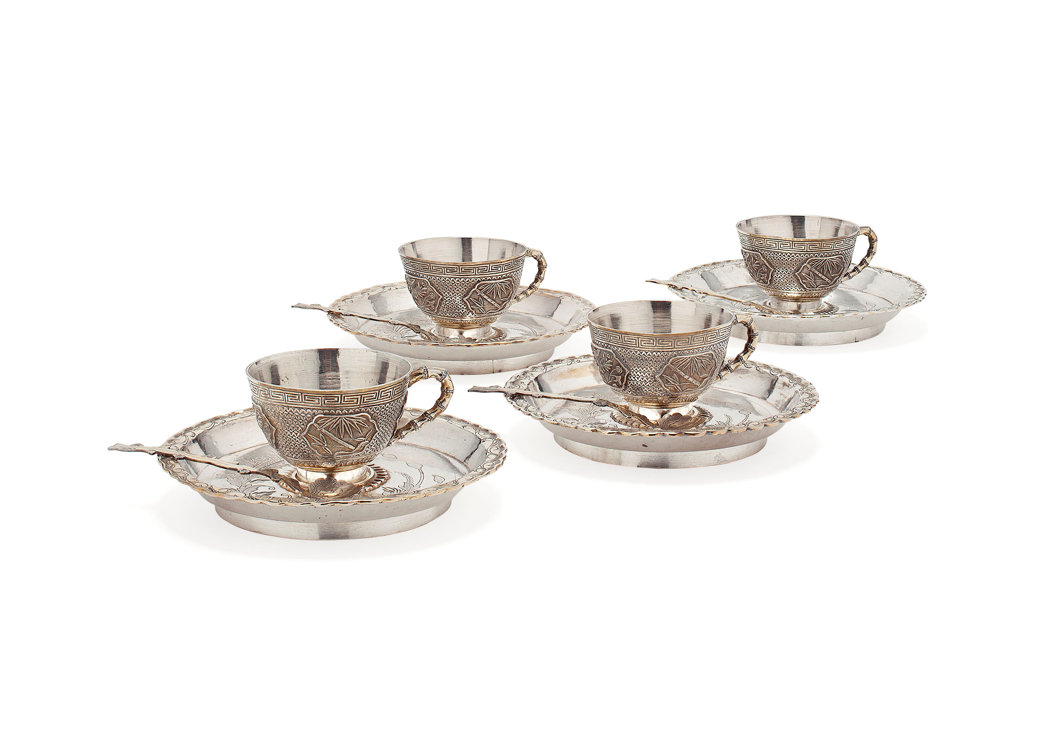 FOUR CHINESE EXPORT SILVER CUPS, SAUCERS AND SPOONS