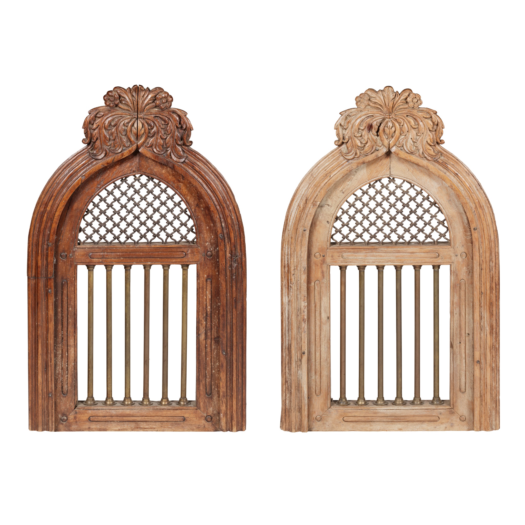 PAIR OF SPANISH CARVED FRUITWOOD AND IRON WINDOWS