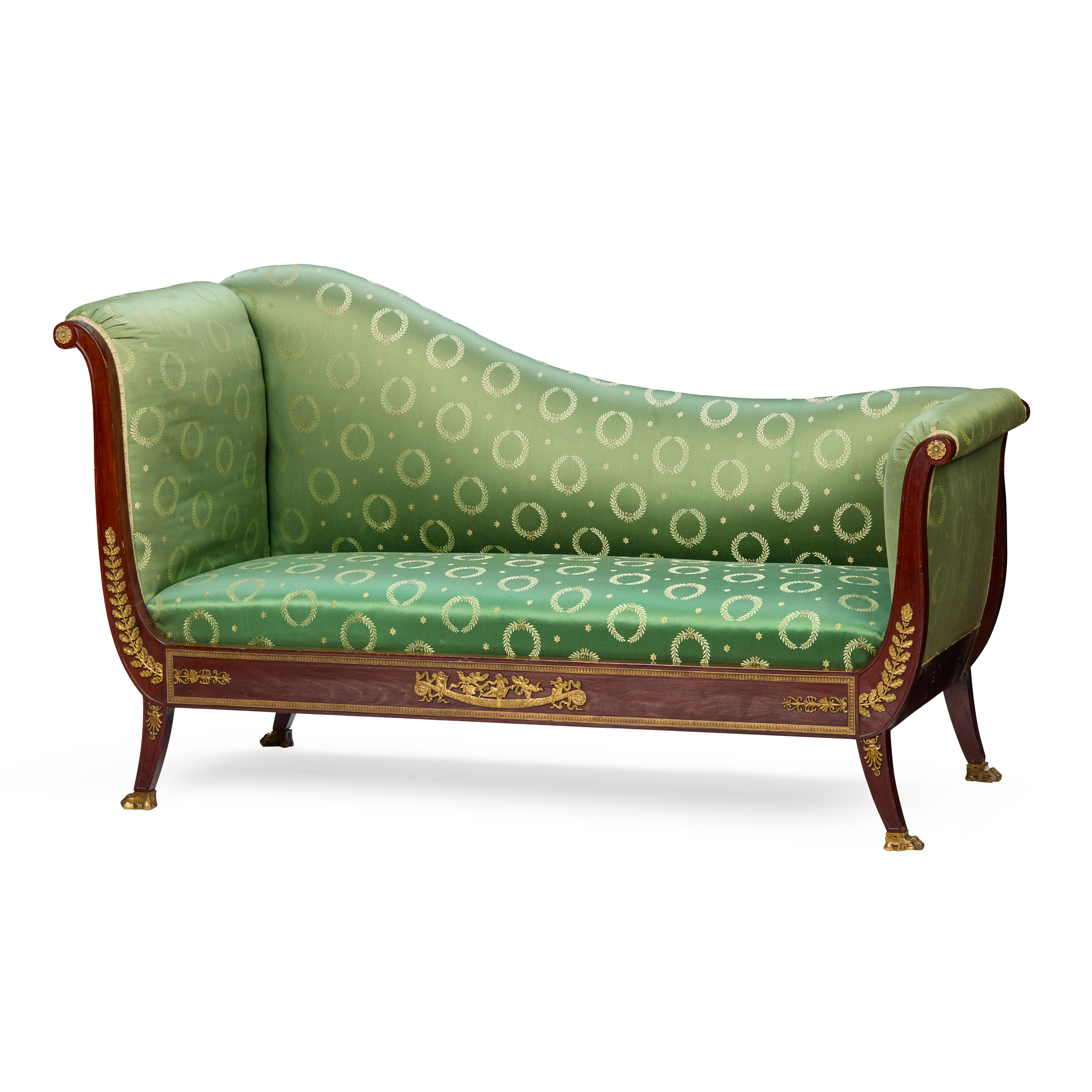 A FRENCH EMPIRE STYLE MAHOGANY AND GILT BRONZE MOUNTED SOFA