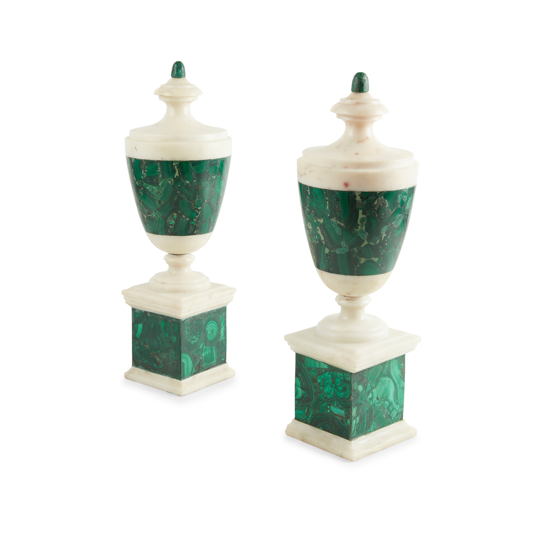 PAIR OF CONTINENTAL WHITE MARBLE AND MALACHITE URNS