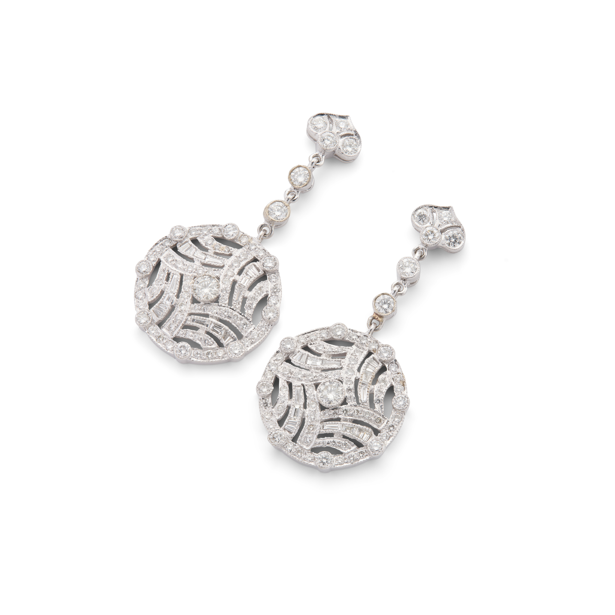 A pair of diamond pendent earrings