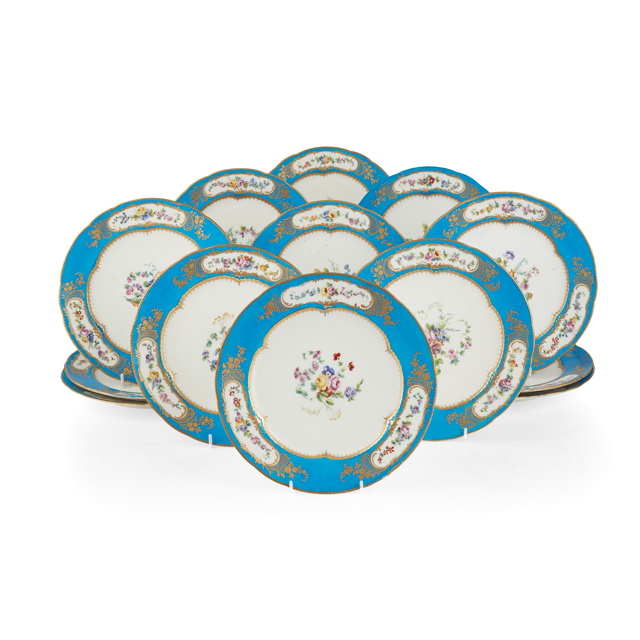 THIRTEEN SÈVRES STYLE BLEU CELESTE GROUND PORCELAIN PLATES