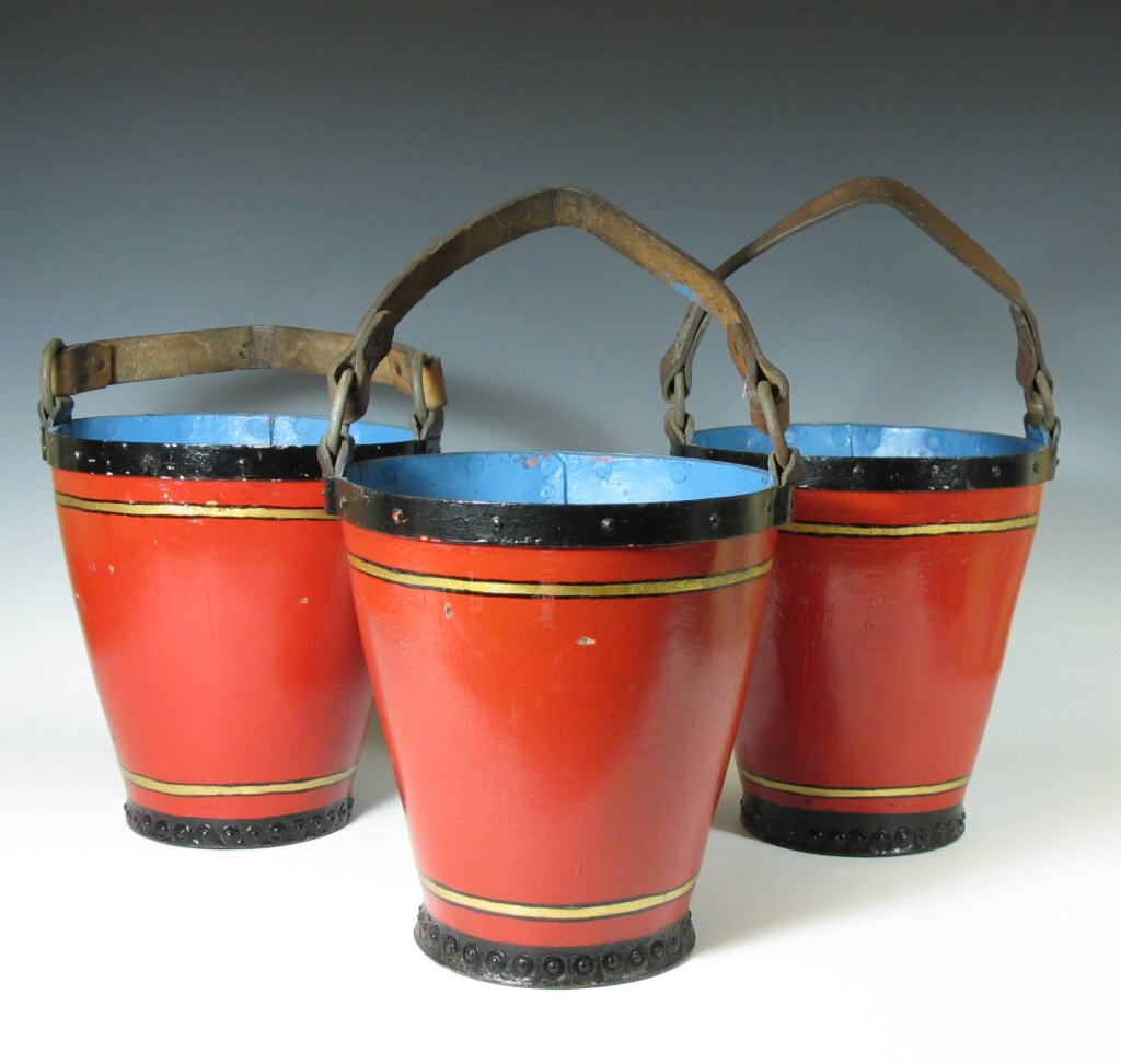 Three Merryweather London leather fire buckets, circa 1850