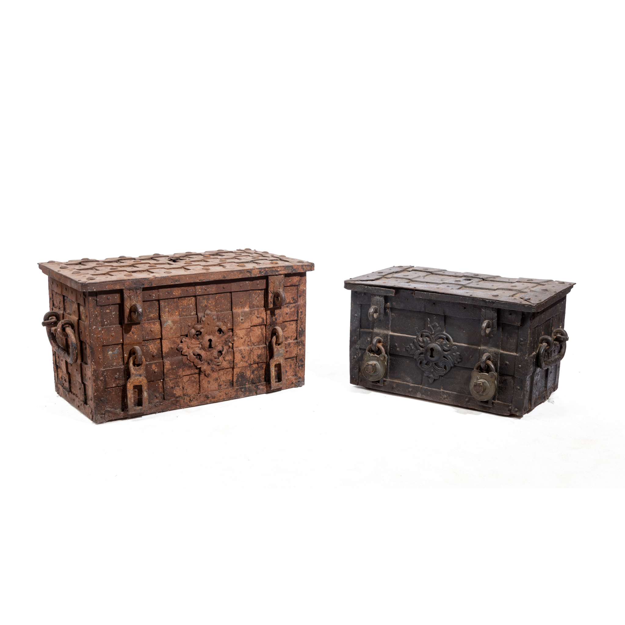 AN IRON TWIN-HANDLED STRONGBOX