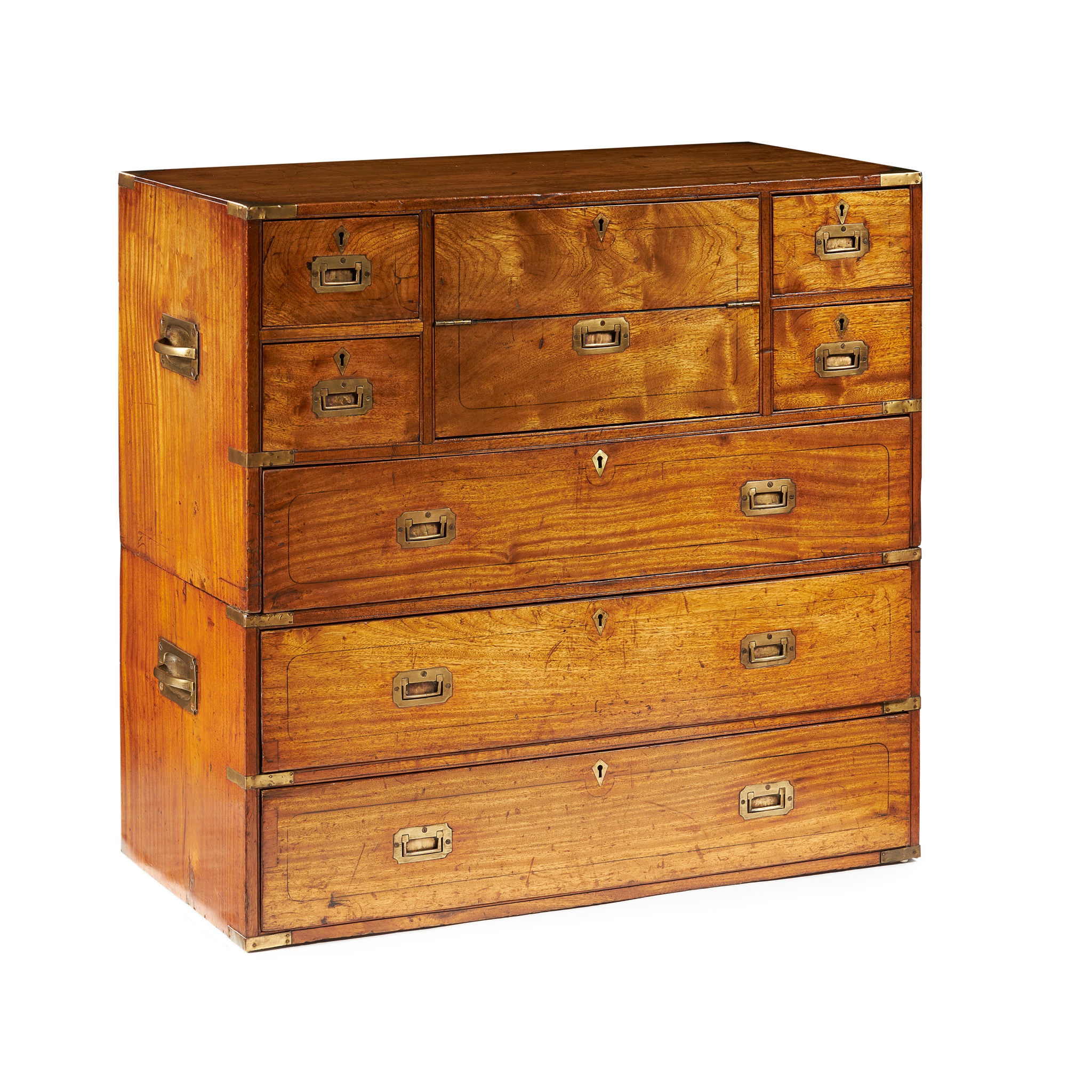 EARLY VICTORIAN CAMPHOR WOOD AND BRASS MOUNTED CAMPAIGN SECRETAIRE CHEST