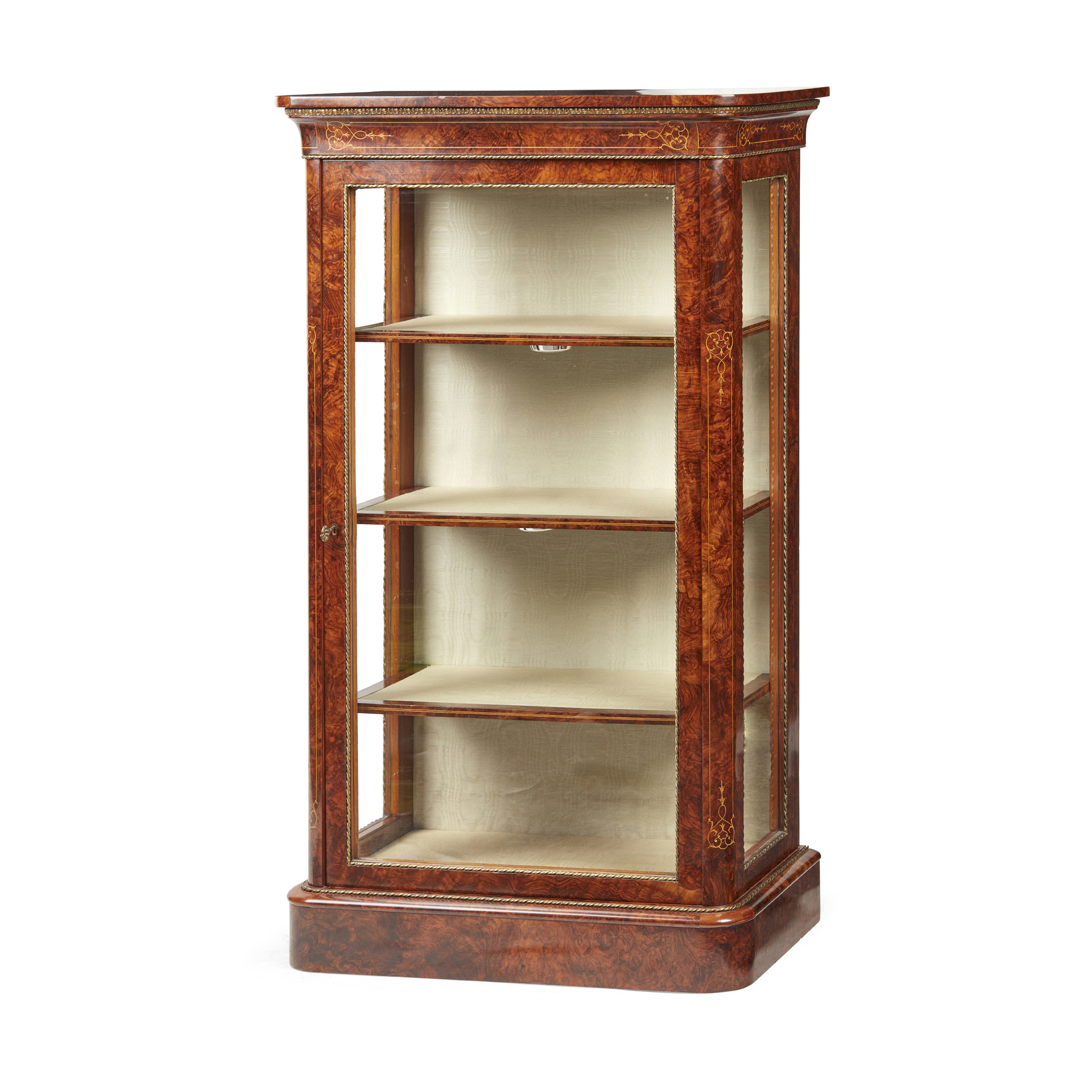 VICTORIAN WALNUT, MARQUETRY AND BRASS MOUNTED DISPLAY CABINET