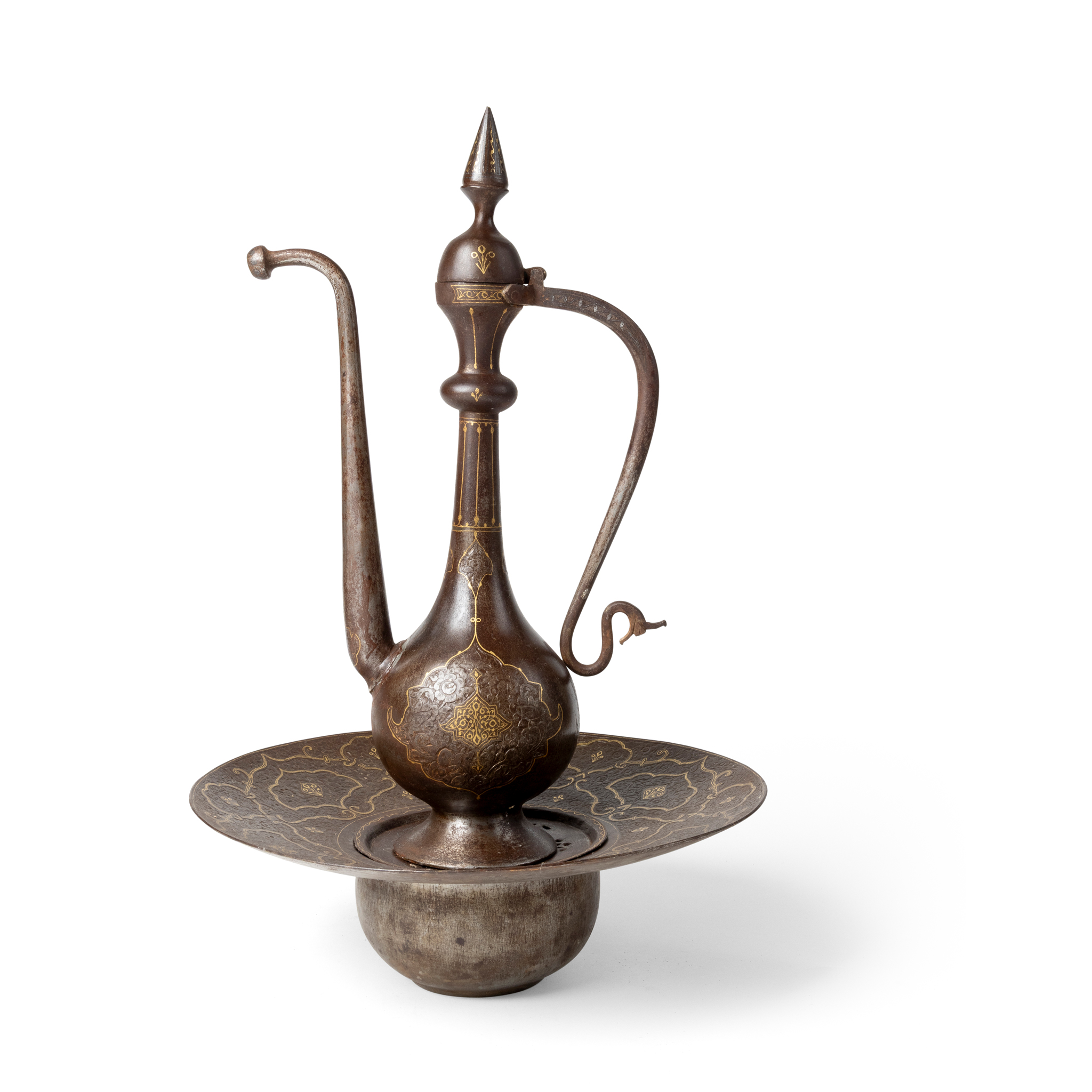 A QAJAR GOLD DAMASCENED STEEL EWER AND BASIN