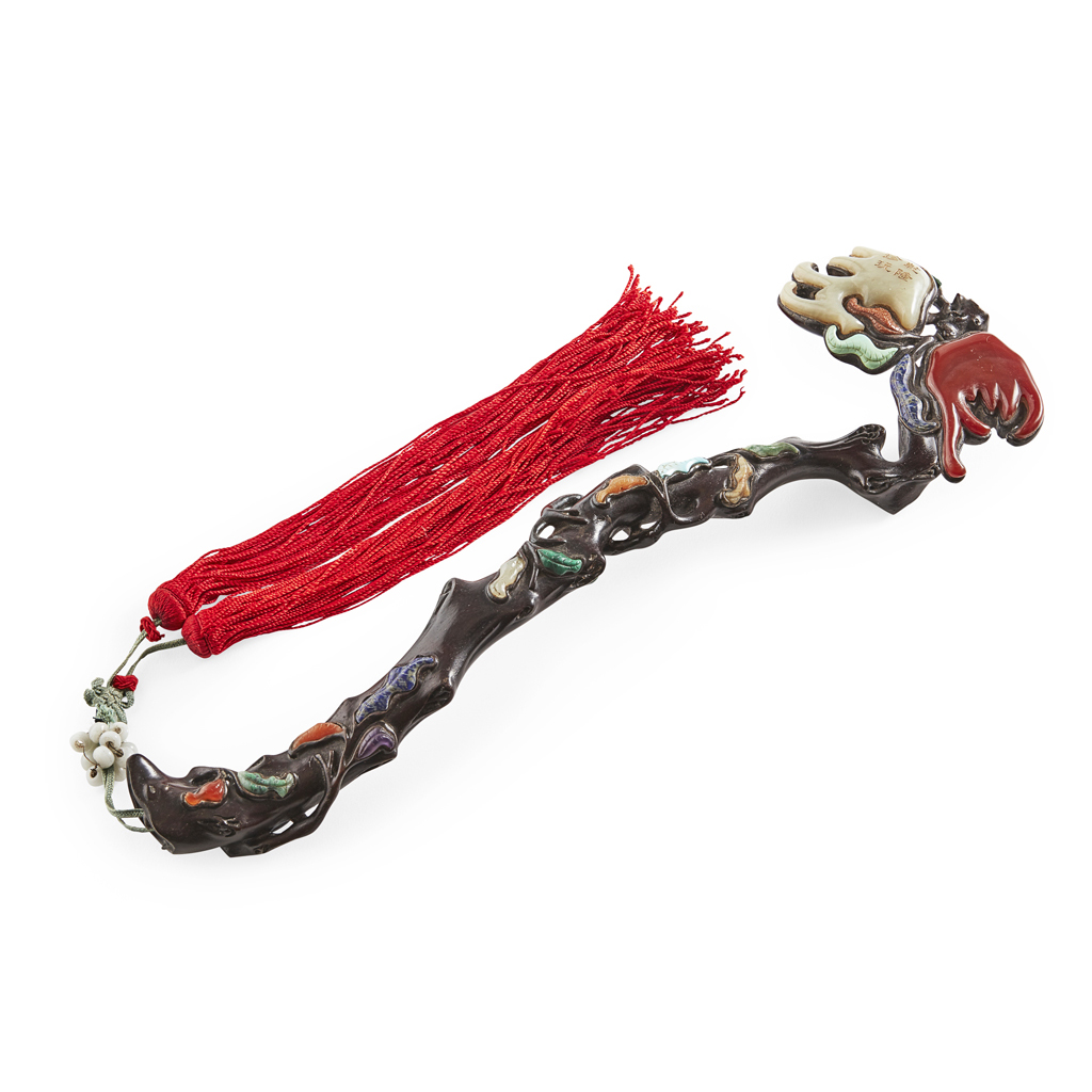 JADE, CARNELIAN AND TURQUOISE INLAID WOOD RUYI SCEPTRE