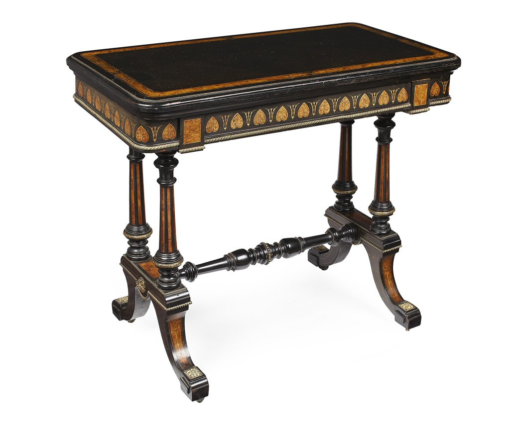 VICTORIAN AMBOYNA AND EBONISED INLAID FOLDOVER GAMES TABLE