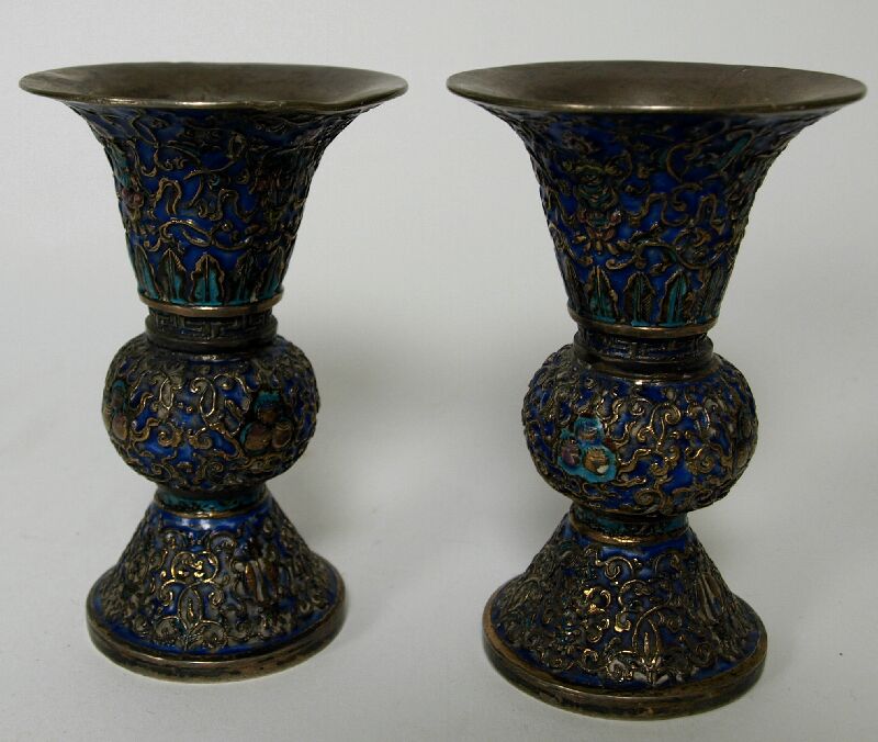 A pair of Chinese cloisonné and white metal vases