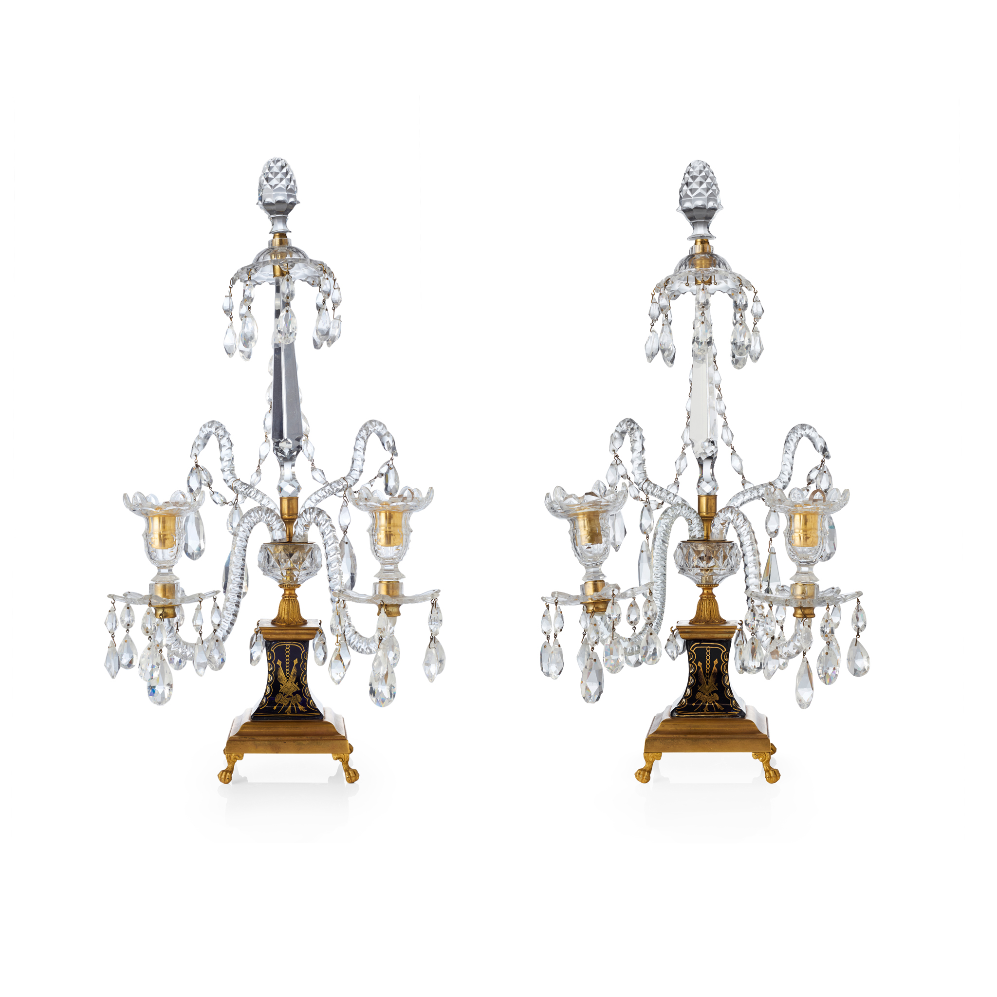 PAIR OF GEORGE III GILT BRONZE, CUT AND COLOURED GLASS CANDELABRA, IN THE MANNER OF PARKER & PERRY