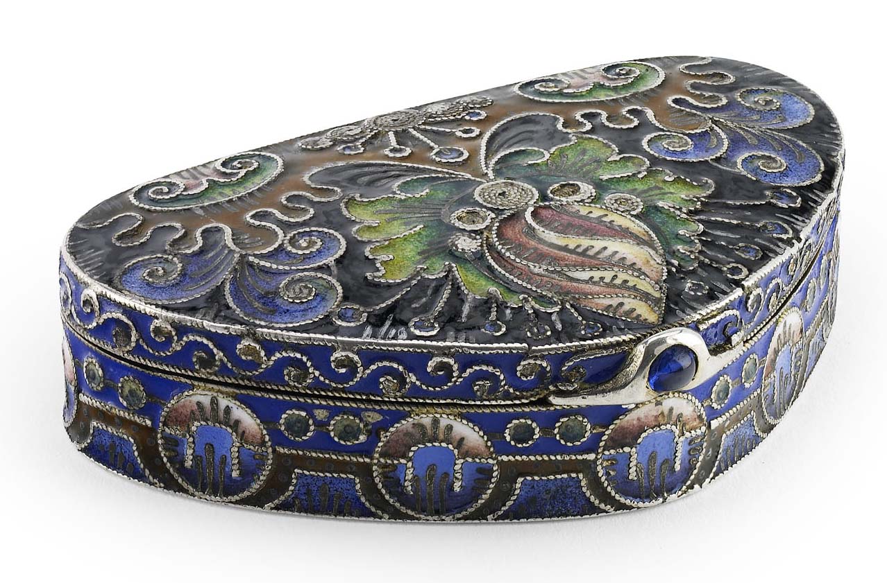 A Fabergé silver-gilt and shaded cloisonné enamel pill box