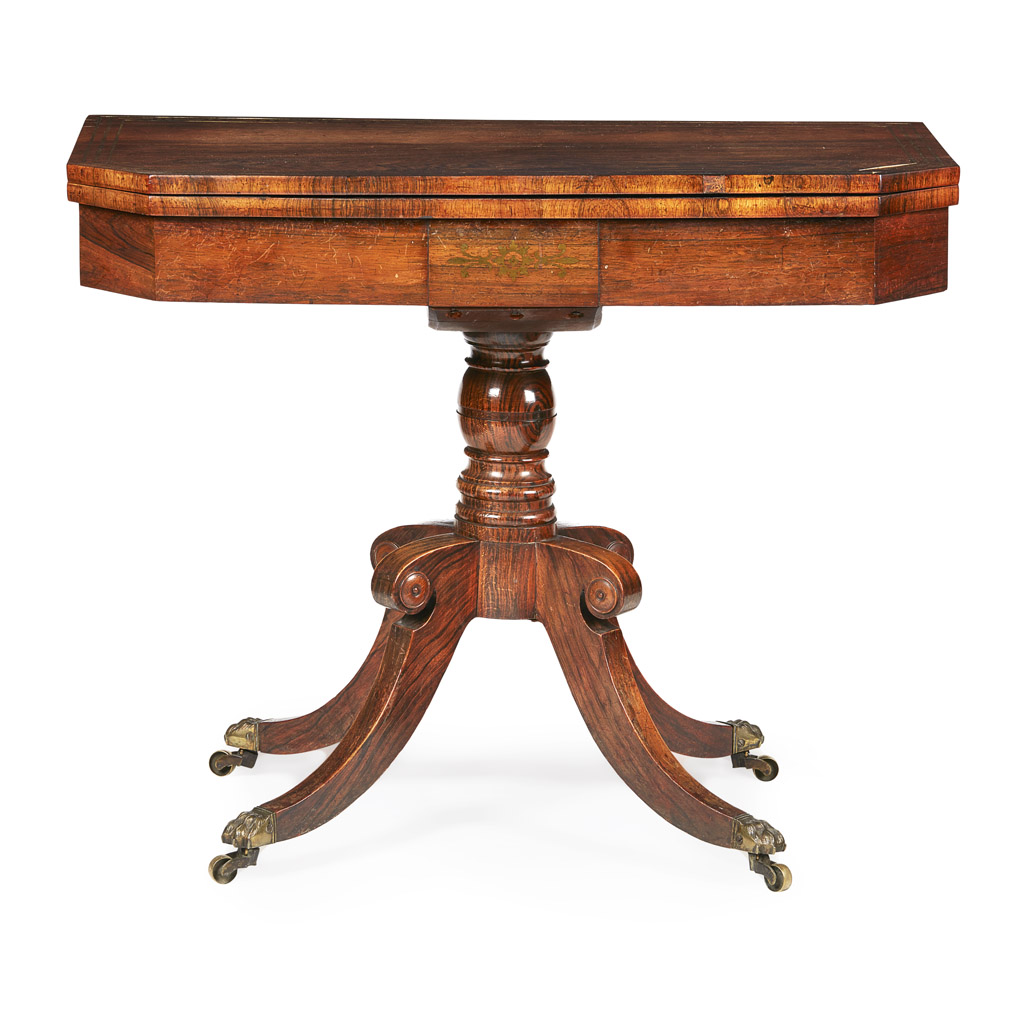 REGENCY ROSEWOOD AND BRASS INLAID FOLDOVER CARD TABLE