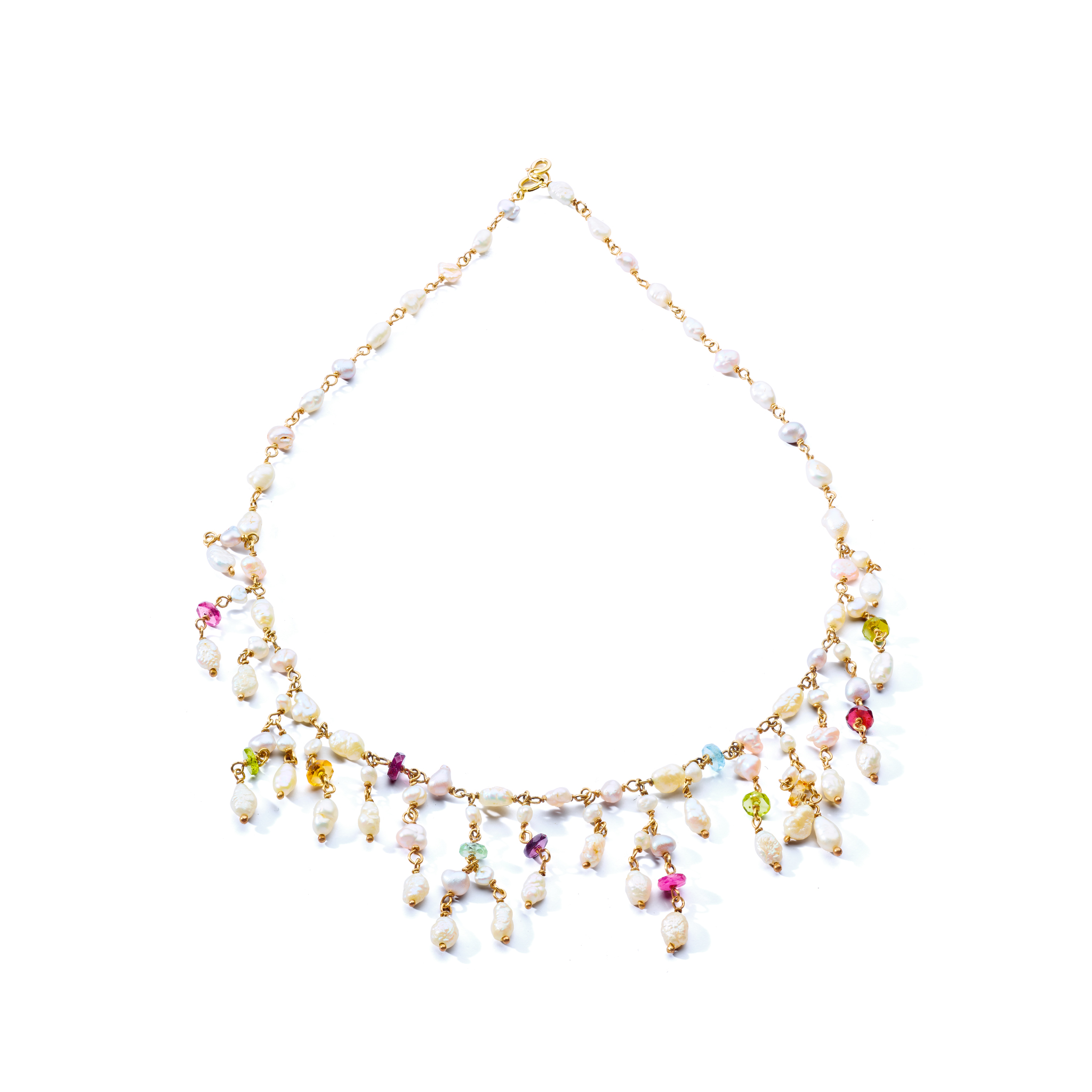 Ingeborg Bratman: A pearl and multi gem-set fringe necklace