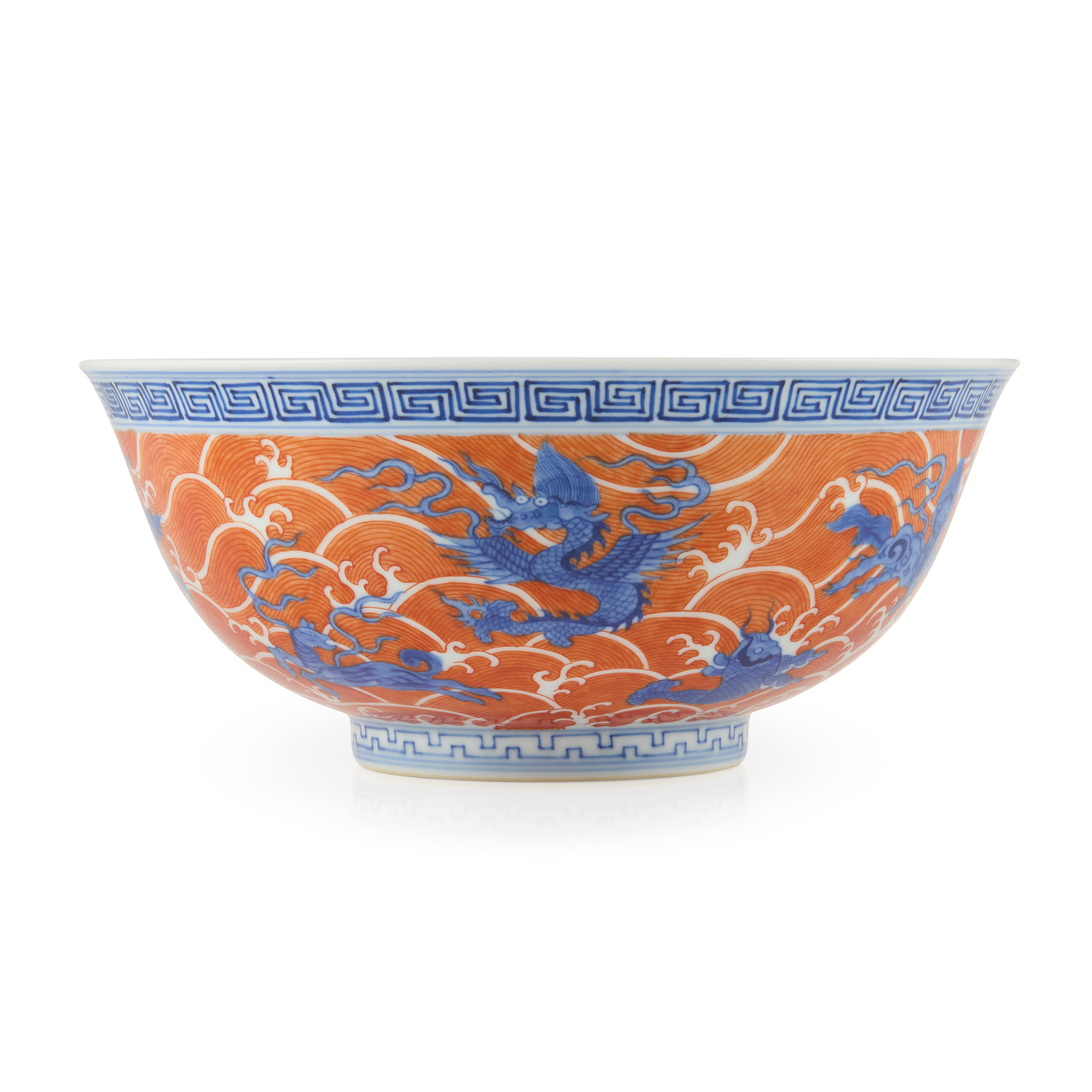 CHINESE UNDERGLAZE BLUE AND IRON-RED DECORATED 'SEA MONSTERS' BOWL