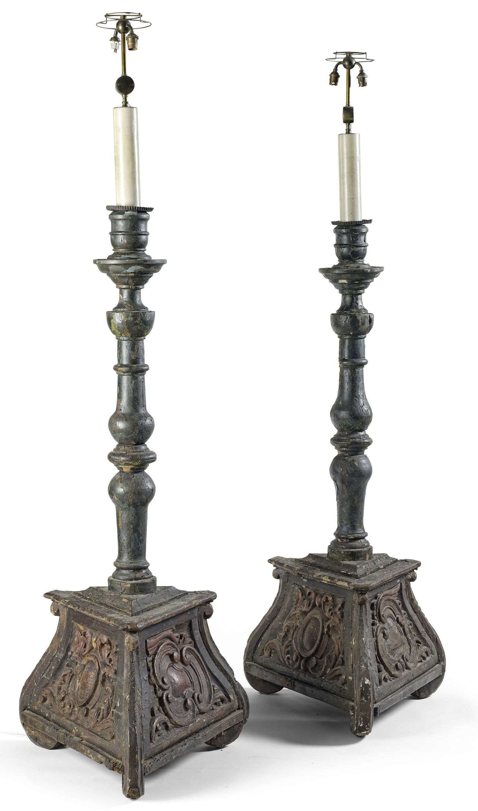 LARGE PAIR OF ITALIAN PAINTED PRICKET CANDLESTICKS