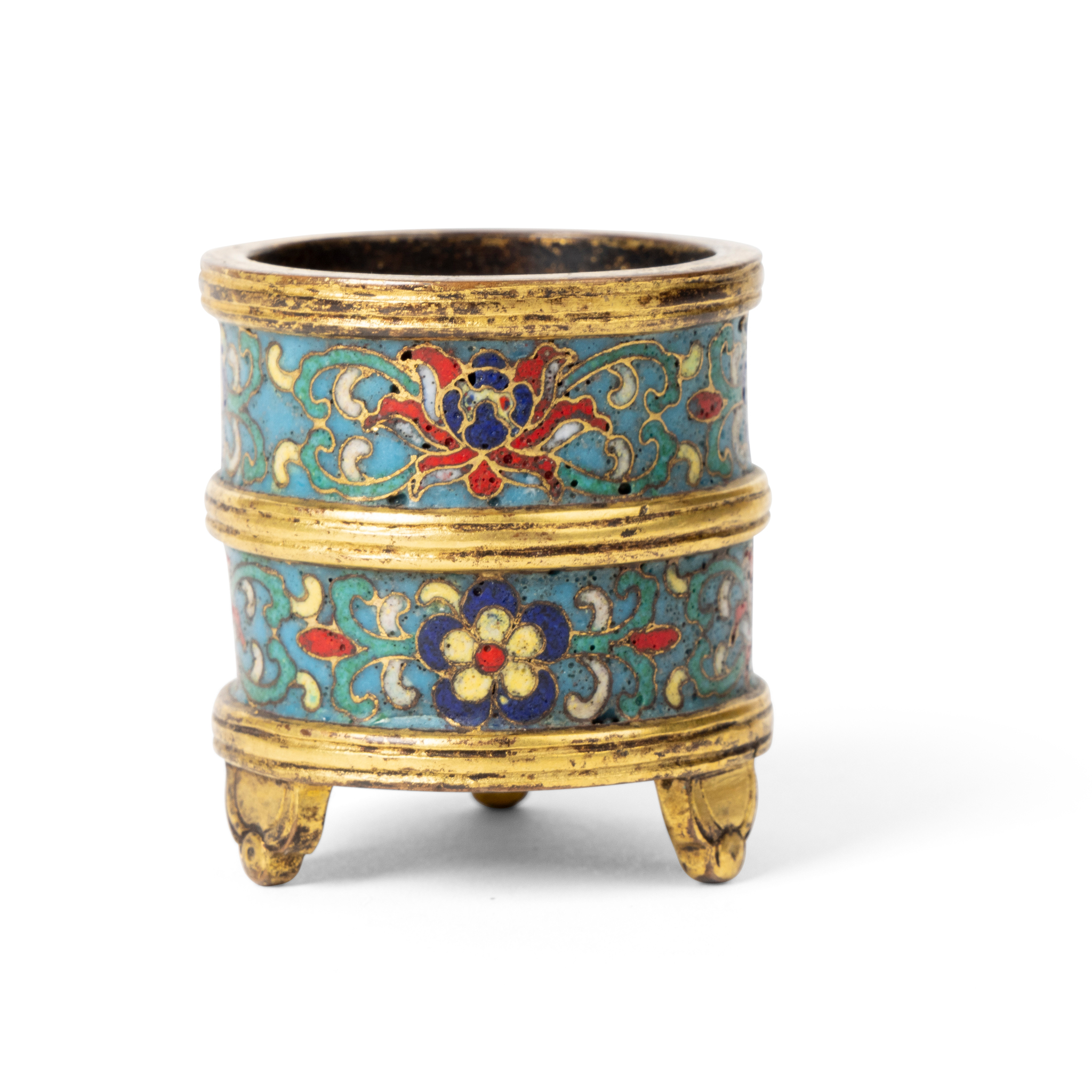 CHINESE GILT-BRONZE CLOISONNÉ ENAMEL RIBBED TRIPOD CENSER