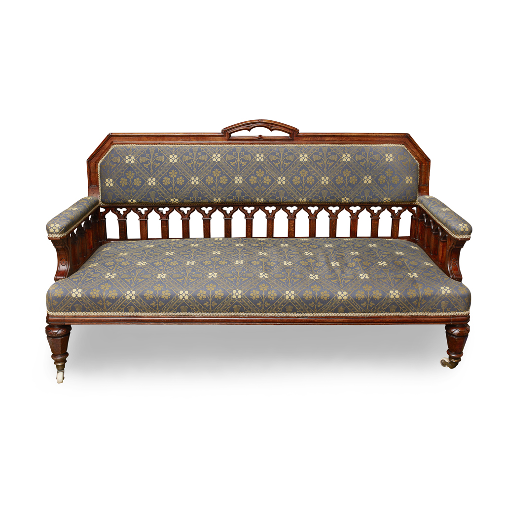 VICTORIAN GOTHIC REVIVAL OAK-FRAMED SOFA