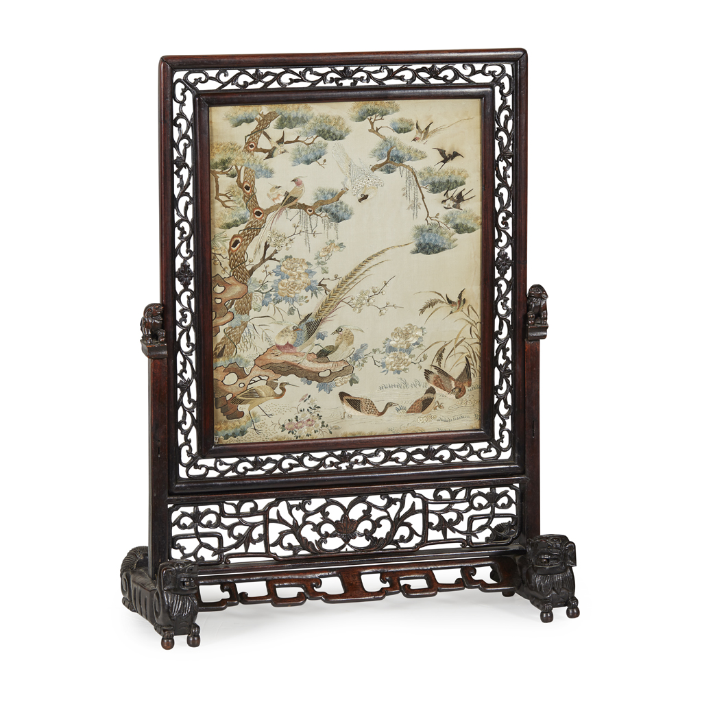 CANTON EMBROIDERED SILK 'HUNDRED BIRDS' PANEL