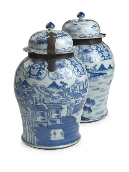A pair of early 19th century Chinese blue painted baluster storage jars