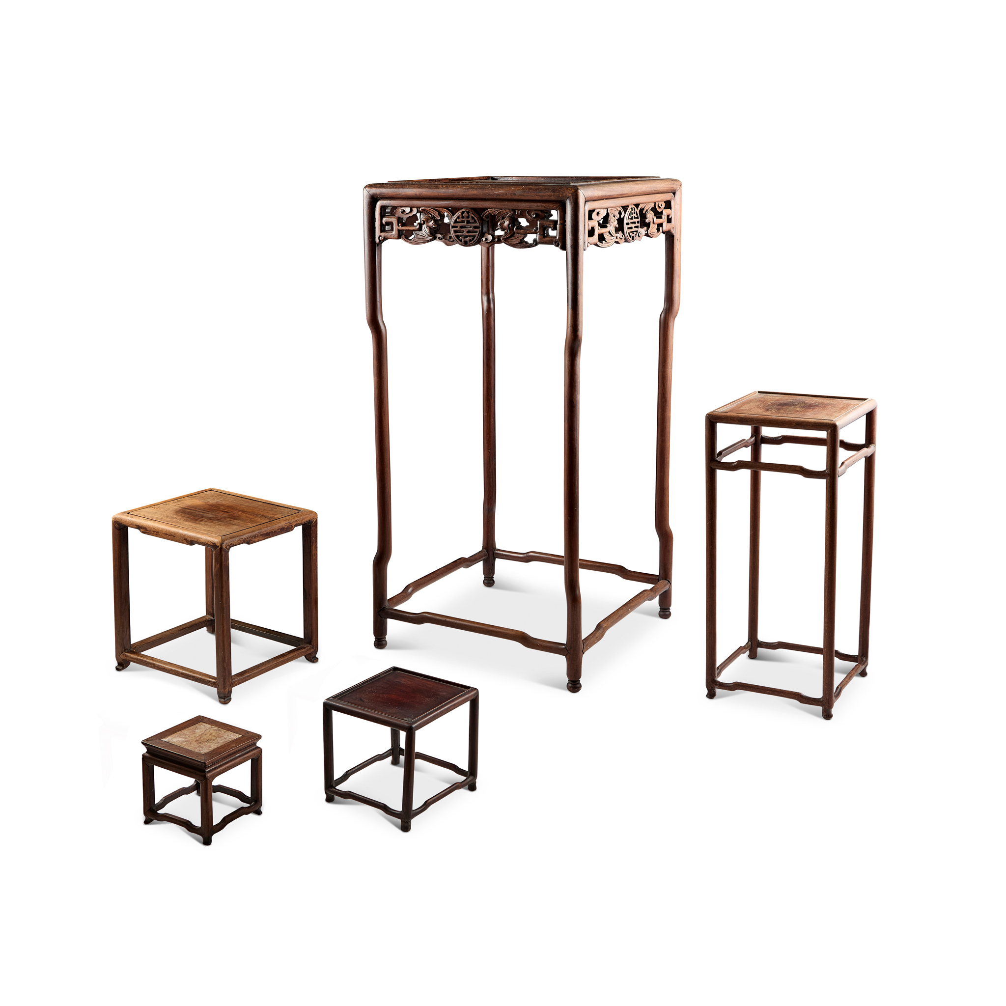 GROUP OF FIVE CHINESE HARDWOOD JARDINIÈRE STANDS