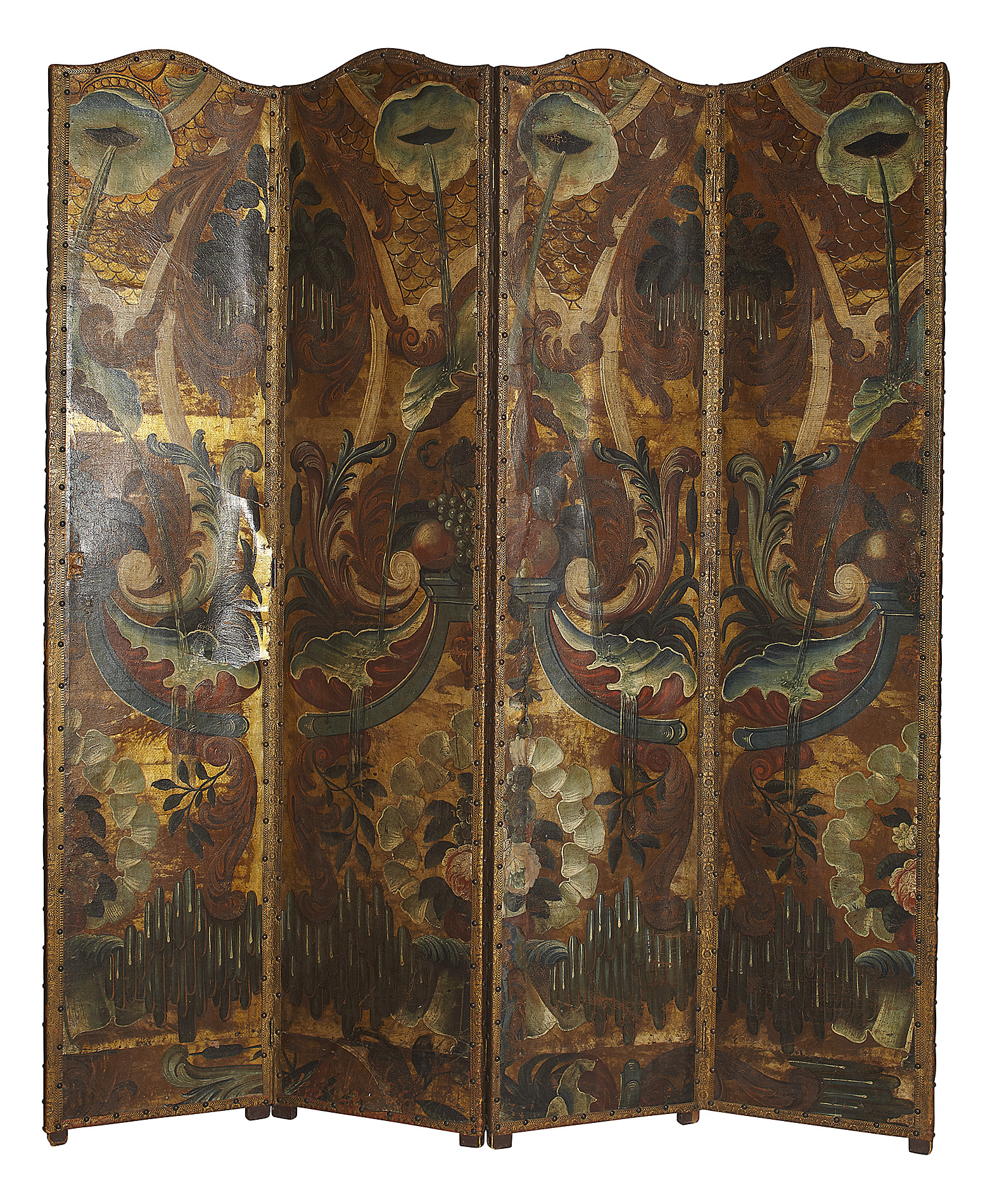 SPANISH PAINTED AND GILT LEATHER FOUR FOLD SCREEN