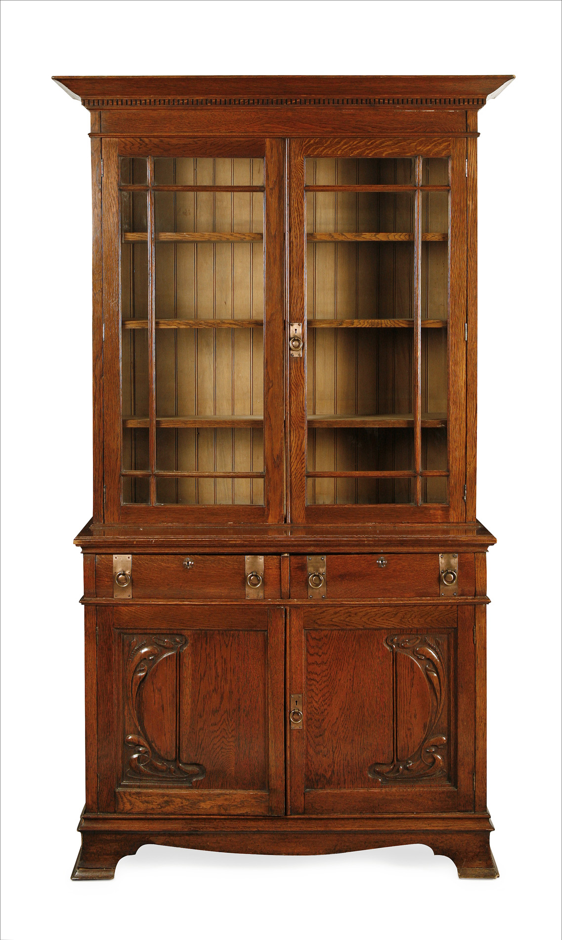 OAK ARTS AND CRAFTS STYLE BOOKCASE AND UNDER CABINET