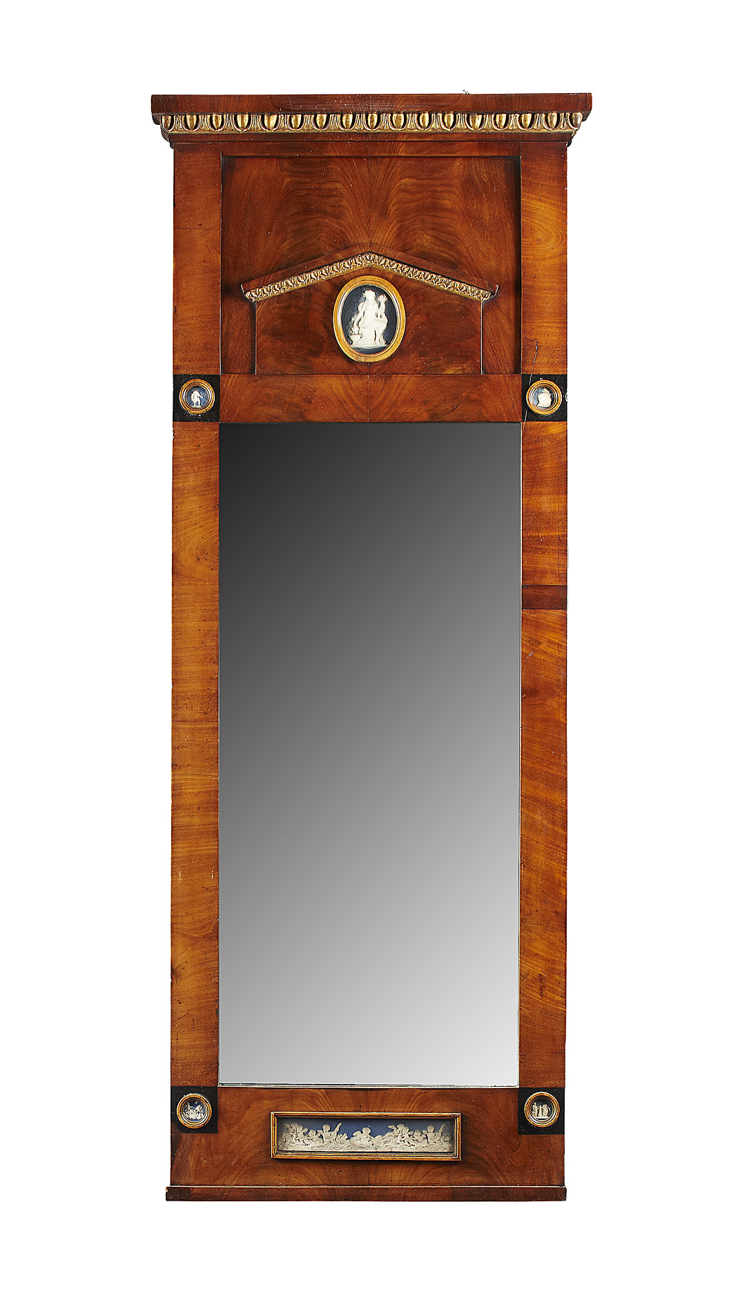 GEORGE III MAHOGANY AND PARCEL GILT JASPERWARE MOUNTED PIER MIRROR