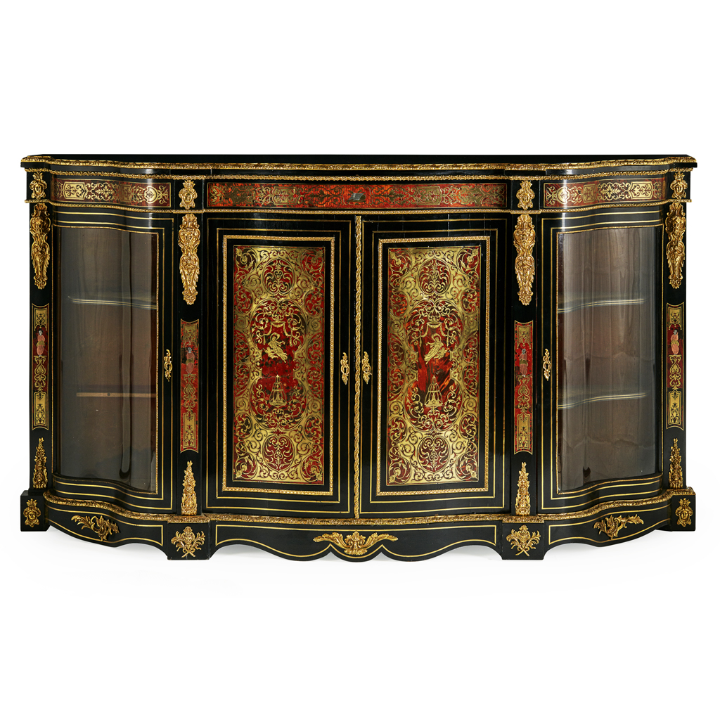 VICTORIAN BOULLE MARQUETRY AND EBONISED SERPENTINE CABINET