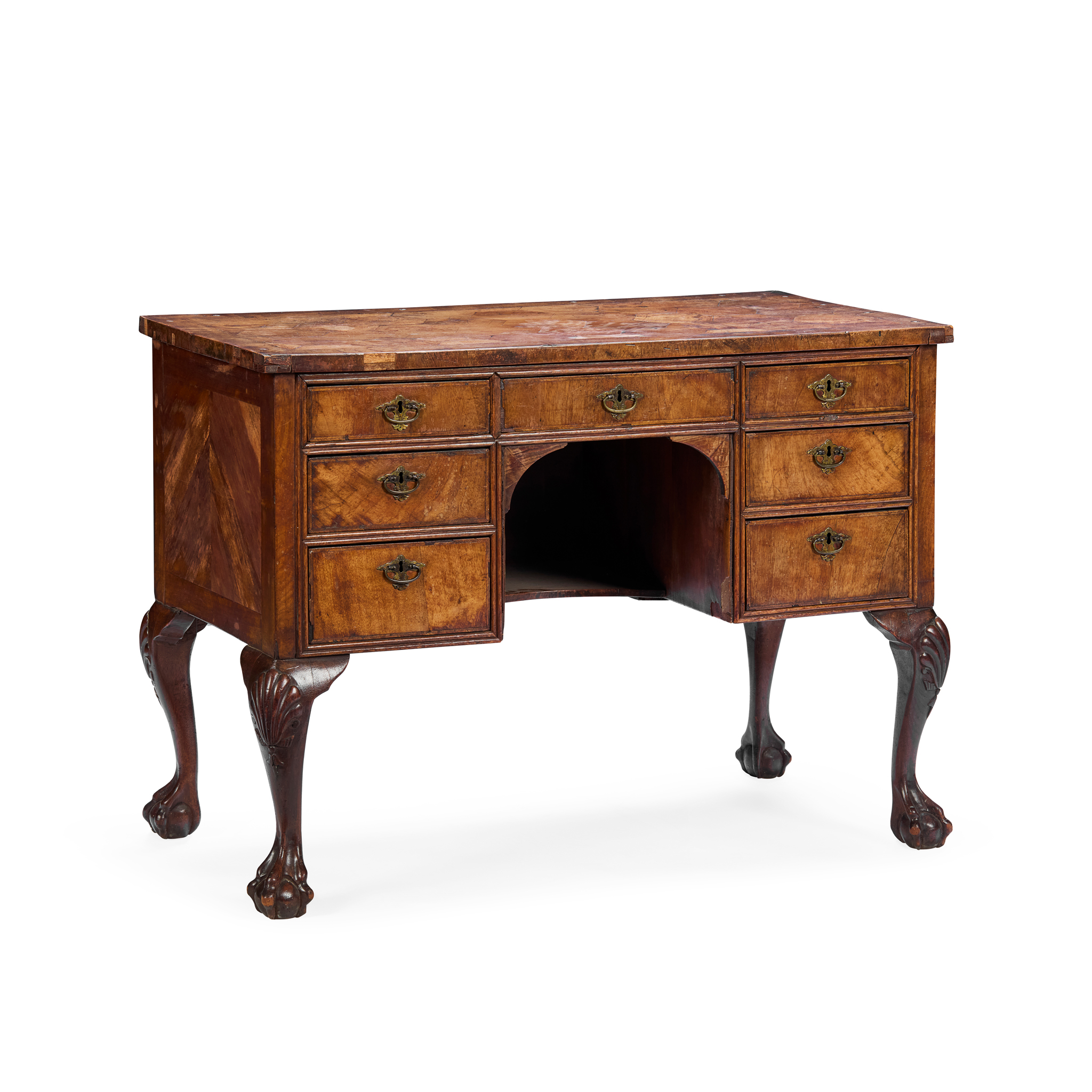 QUEEN ANNE STYLE BURR WALNUT KNEEHOLE DESK
