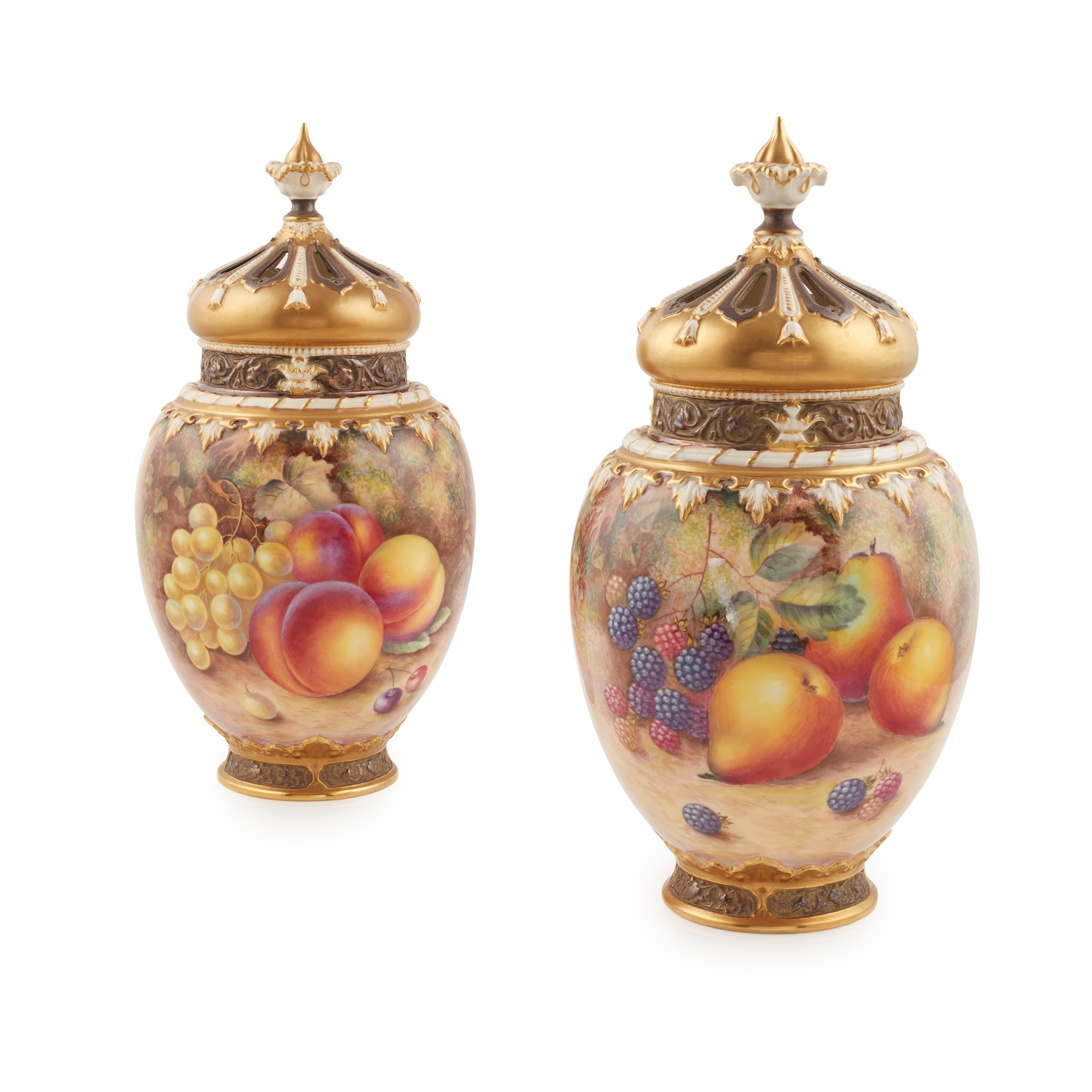 PAIR OF LARGE ROYAL WORCESTER FRUIT PAINTED POT POURRI JARS WITH COVERS AND LINERS