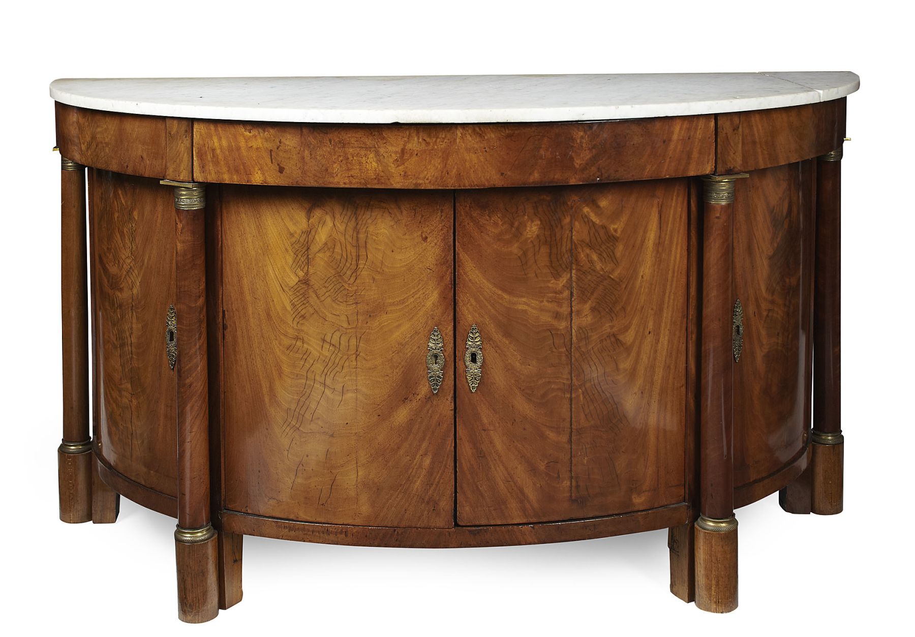 FRENCH EMPIRE MAHOGANY DEMILUNE MARBLE TOPPED COMMODE BY JEAN-JOSEPH CHAPUIS (1765-1864)