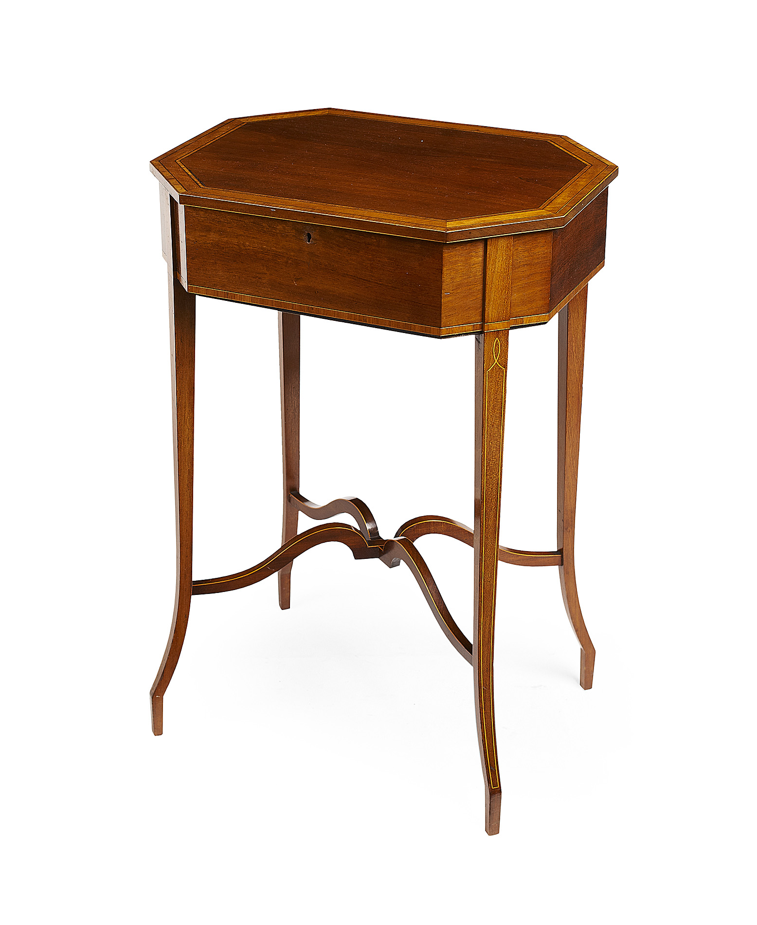 EDWARDIAN MAHOGANY CROSSBANDED OCTAGONAL WORK TABLE