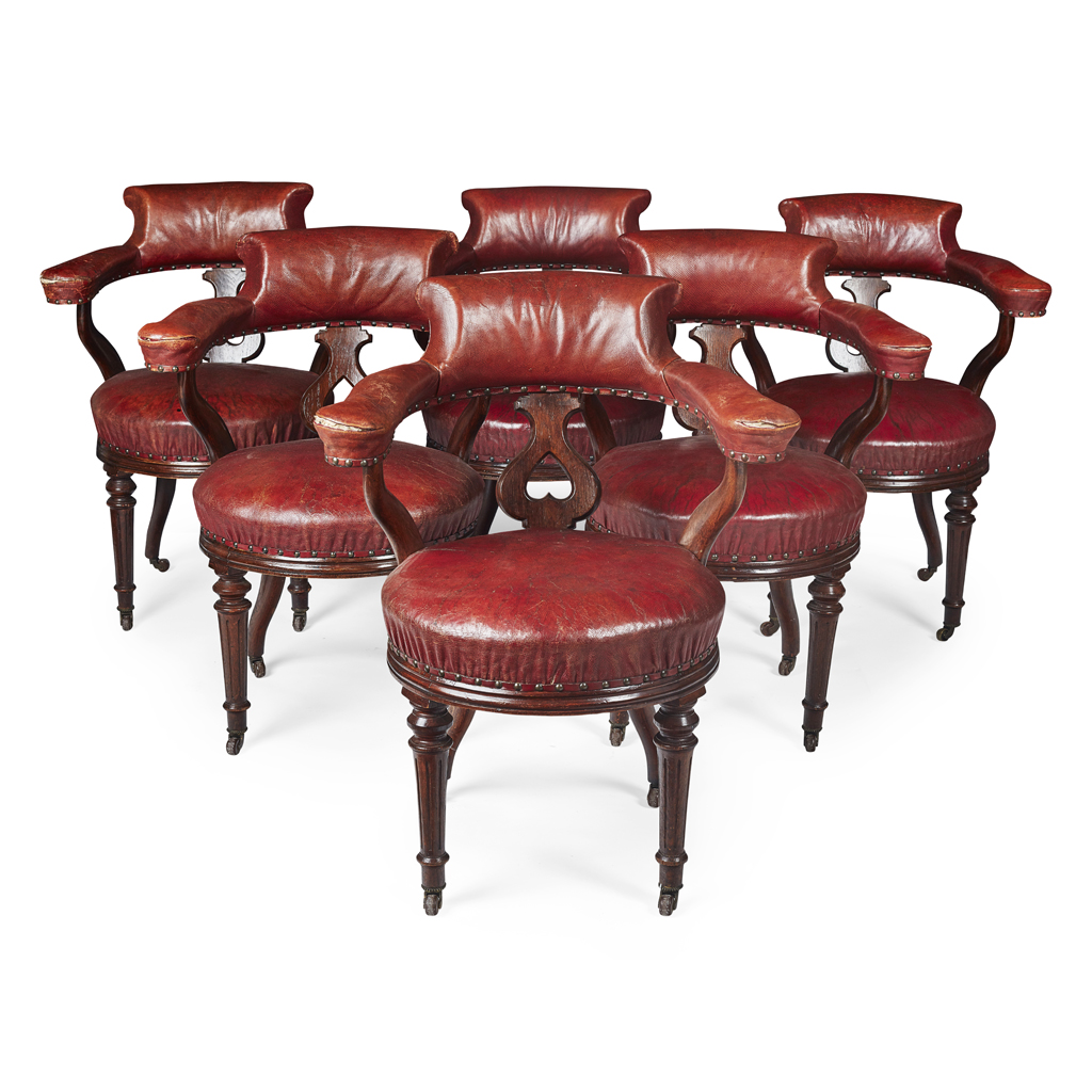 SET OF SIX WILLIAM IV STAINED OAK CURRICLE ARMCHAIRS