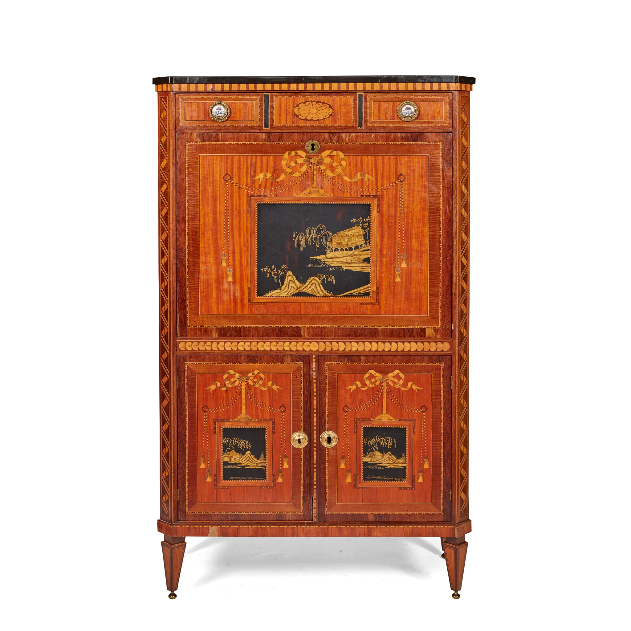 DUTCH NEOCLASSICAL SATINWOOD, AMARANTH, MARQUETRY, AND JAPANNED FALL FRONT SECRETAIRE