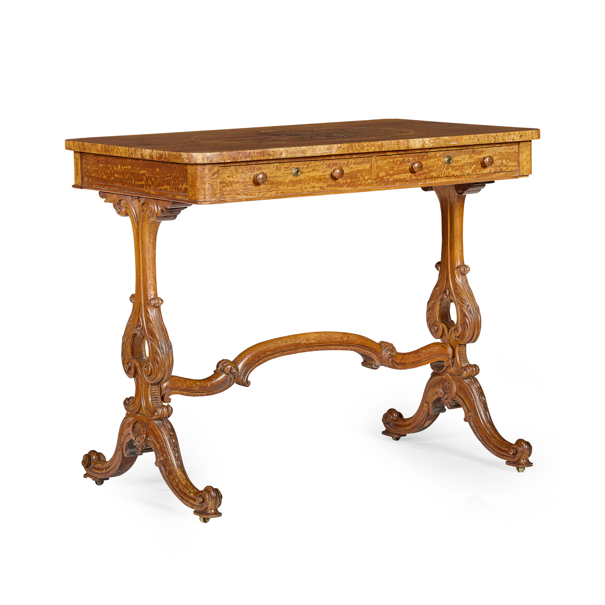 VICTORIAN SATINWOOD, MARQUETRY, PENWORK AND IVORY LIBRARY TABLE